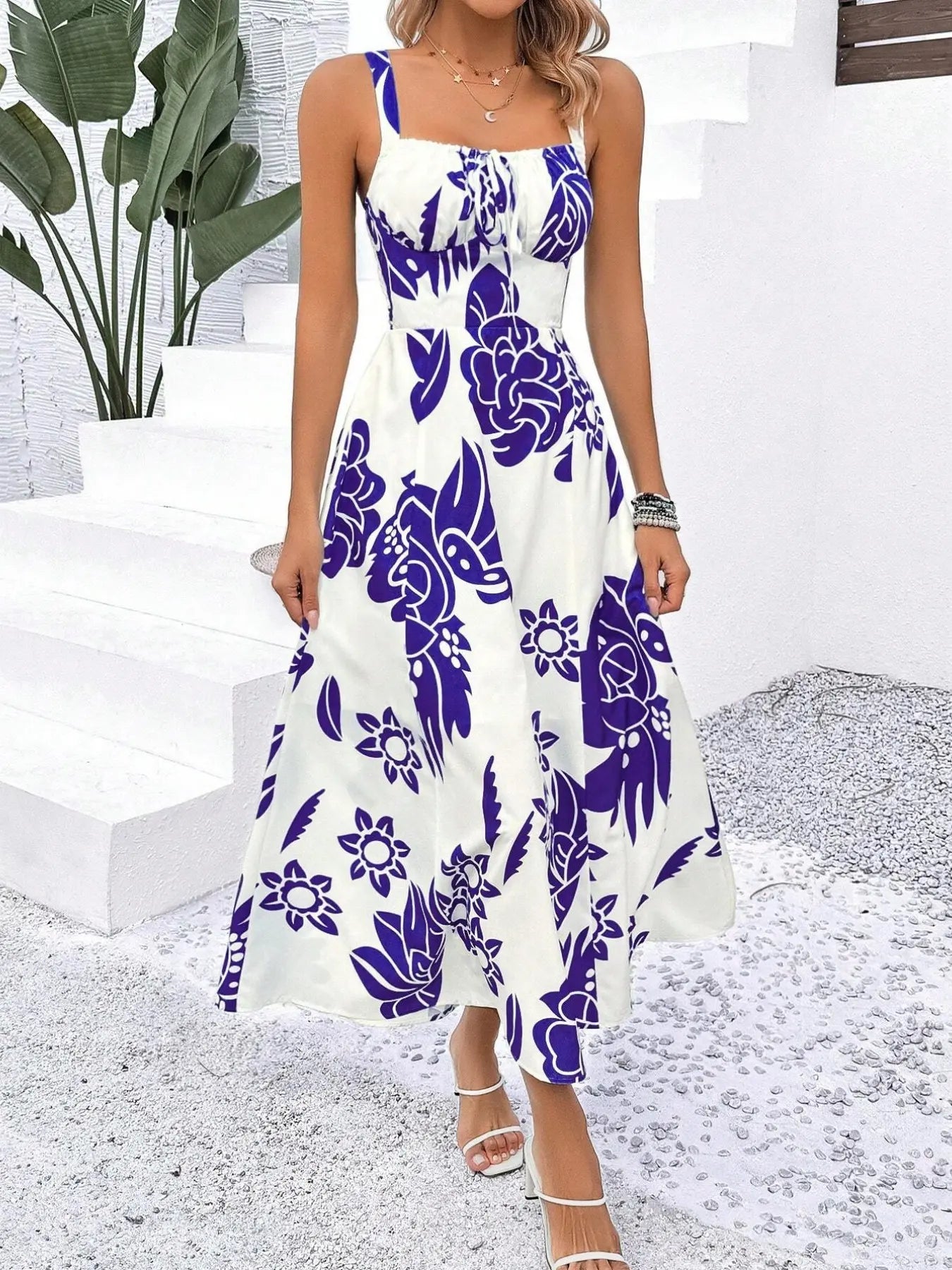 Elegant Women'S Floral Print Wide Strap Dress, Backless Ruched Design, Sleeveless Long Dress for Spring Vacation
