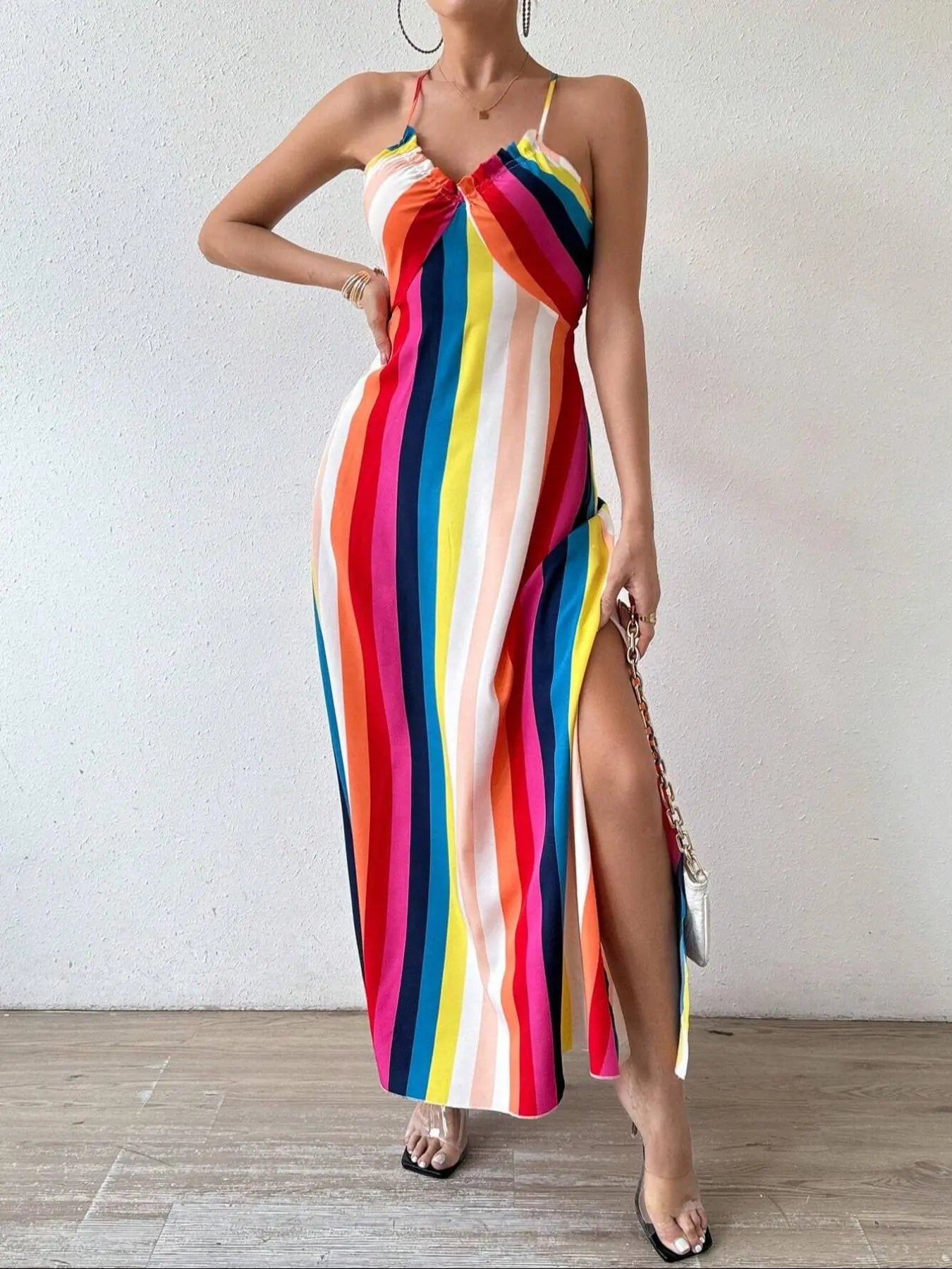 Women'S Printed Split Long Sleeveless Dress, Classic Stripe Design, Backless Criss Cross Strap, Spring Summer Fall Wear, Casual Bohemian Style Womenswear
