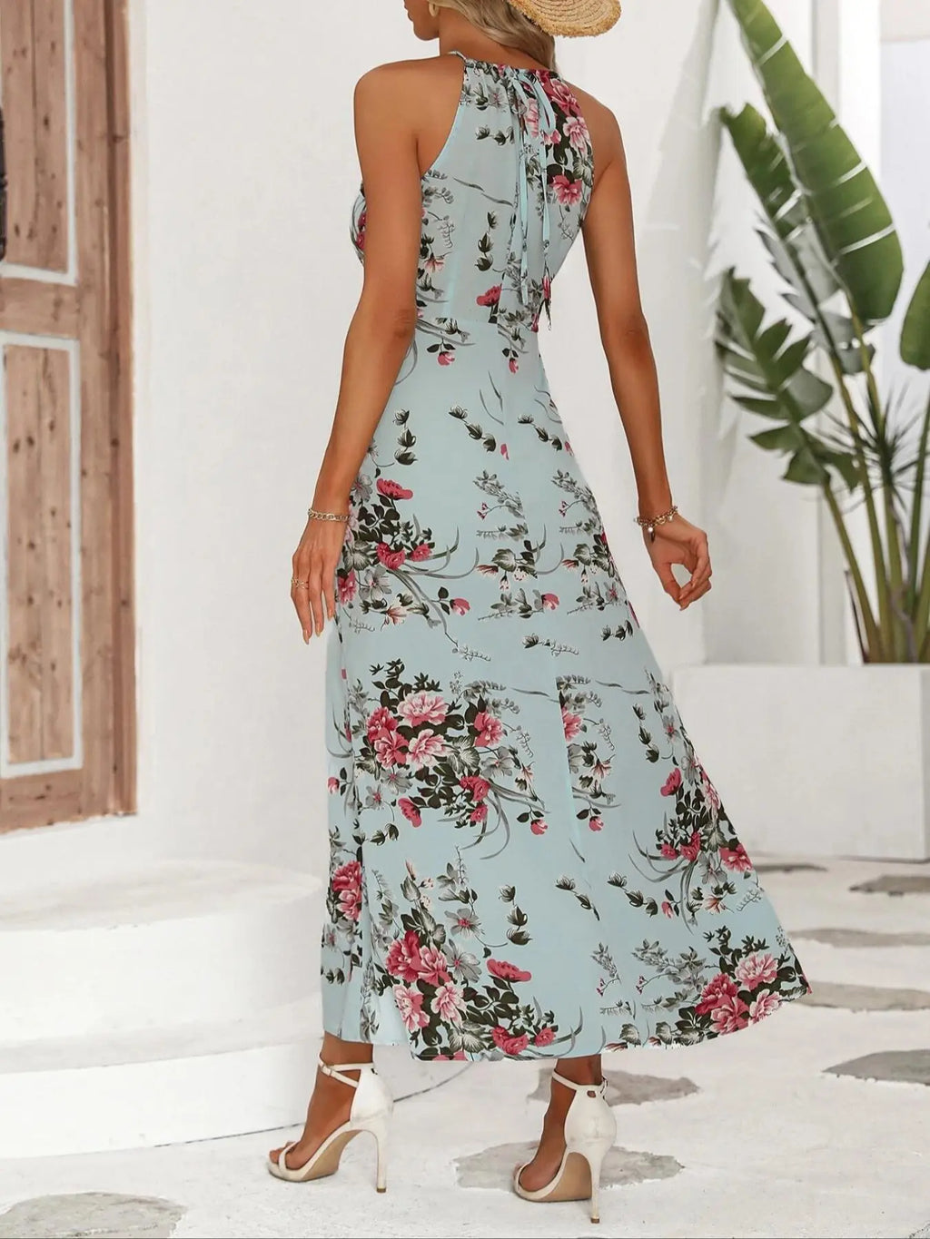 Women'S Floral Print Split Thigh Halter Dress, Elegant Boho Style Tie Back Design Long Dress for Spring Summer Fall, Bohemian