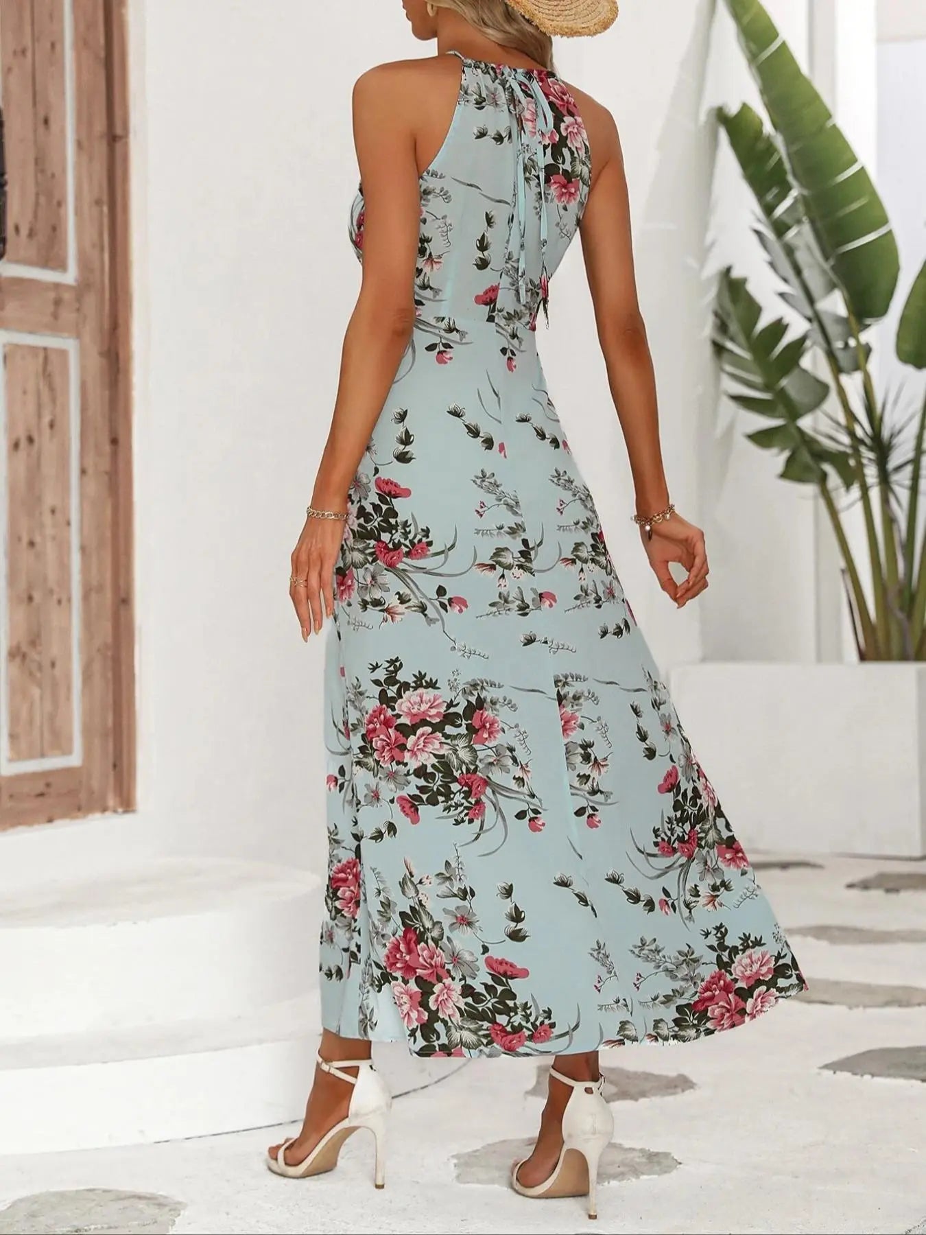 Women'S Floral Print Split Thigh Halter Dress, Elegant Boho Style Tie Back Design Long Dress for Spring Summer Fall, Bohemian