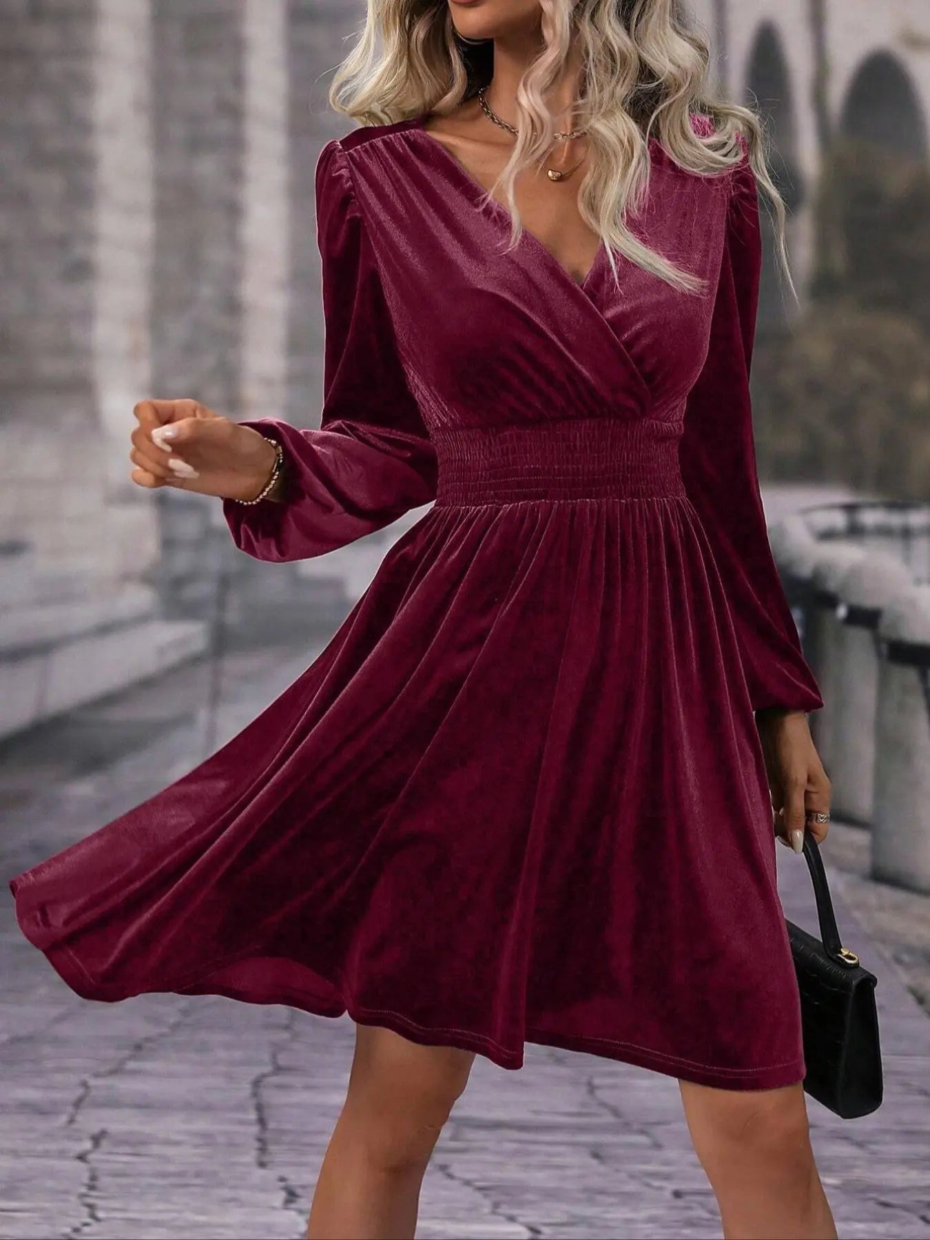 Women'S Velvet Satin Dress, Waist Cinched Lantern Sleeves, Slimming Design, Chic, Party Wear, High-End Feel, Spring & Fall Fashion