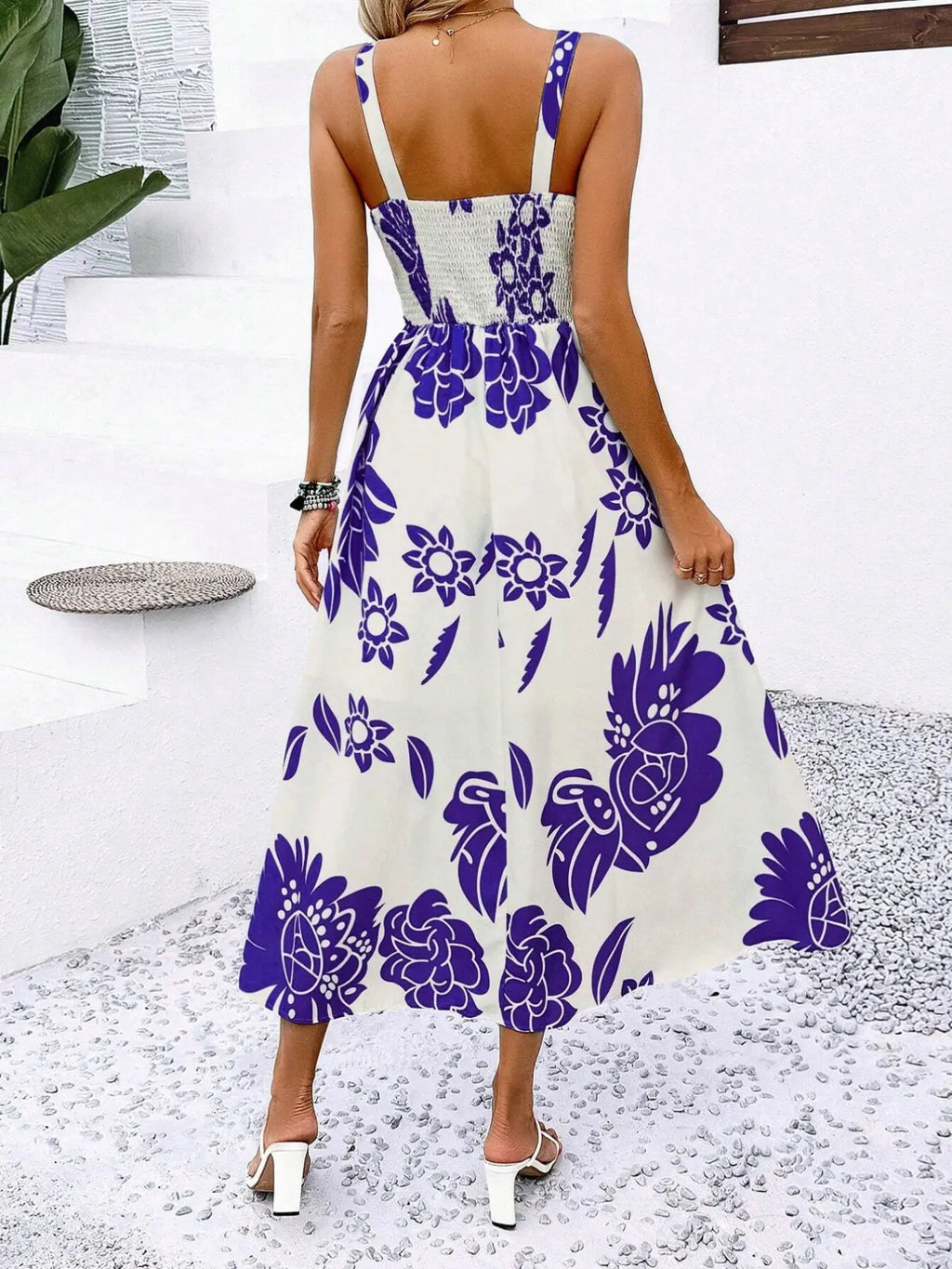 Elegant Women'S Floral Print Wide Strap Dress, Backless Ruched Design, Sleeveless Long Dress for Spring Vacation