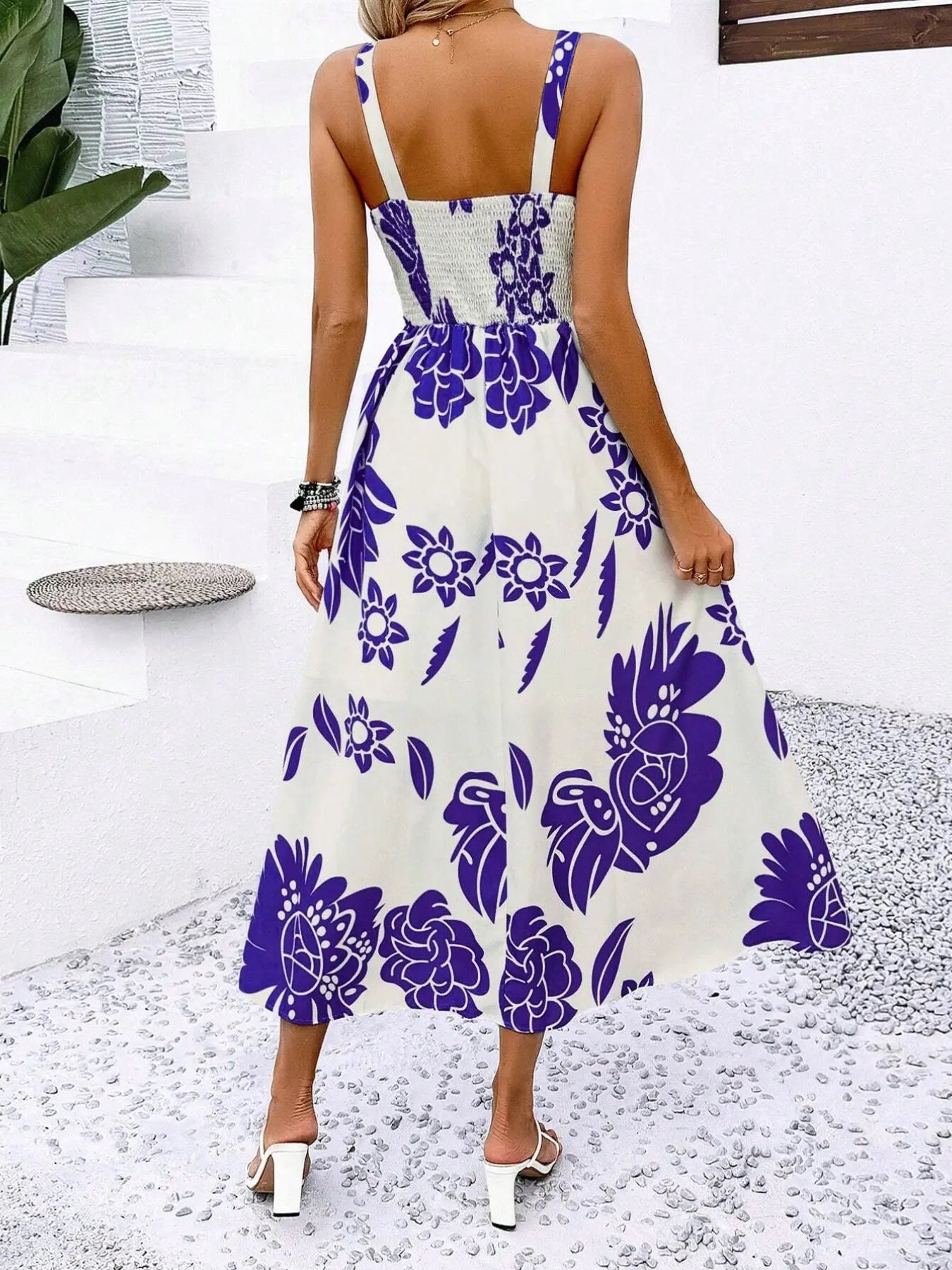 Elegant Women'S Floral Print Wide Strap Dress, Backless Ruched Design, Sleeveless Long Dress for Spring Vacation