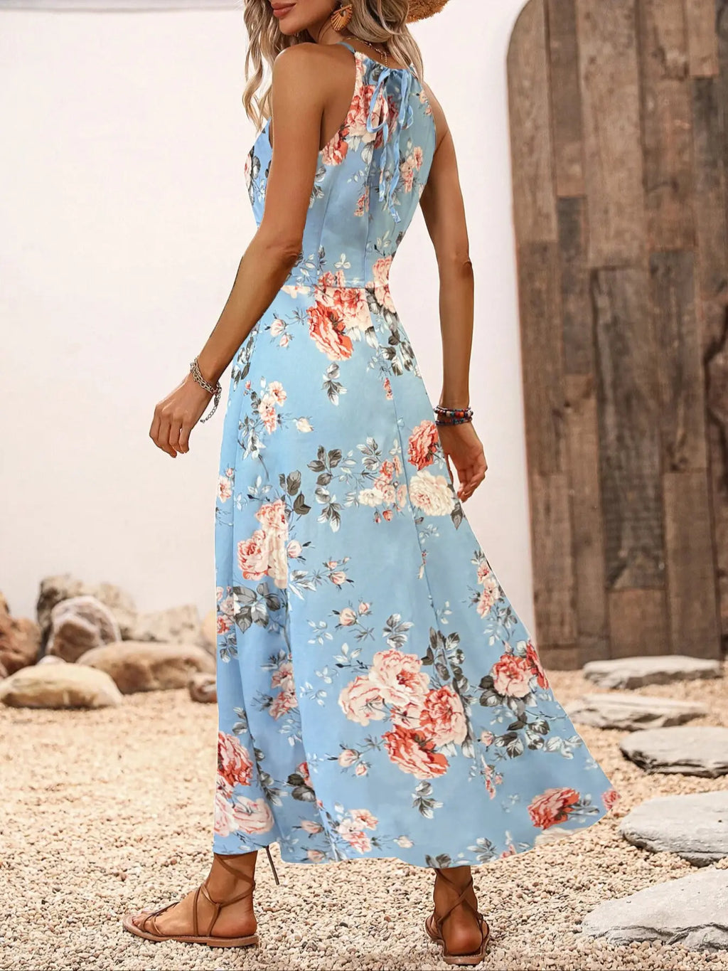 Women'S Floral Print Split Thigh Halter Dress, Elegant Boho Style Tie Back Design Long Dress for Spring Summer Fall, Bohemian