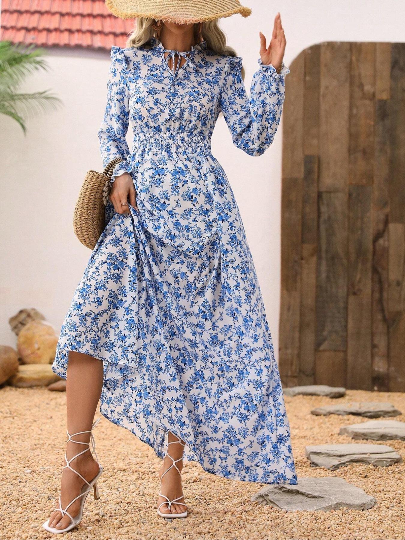 Floral Belted Long Sleeve Maxi Dress