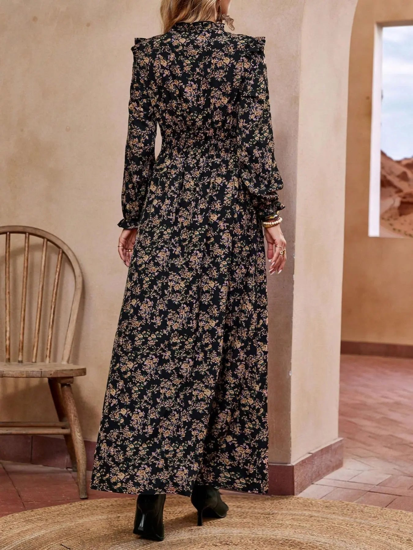 Women'S Floral Print Self-Belted Neck Dress, Spring & Fall Long Sleeve A-Line Maxi Skirt, Boho Elegance Style, Slimming Set