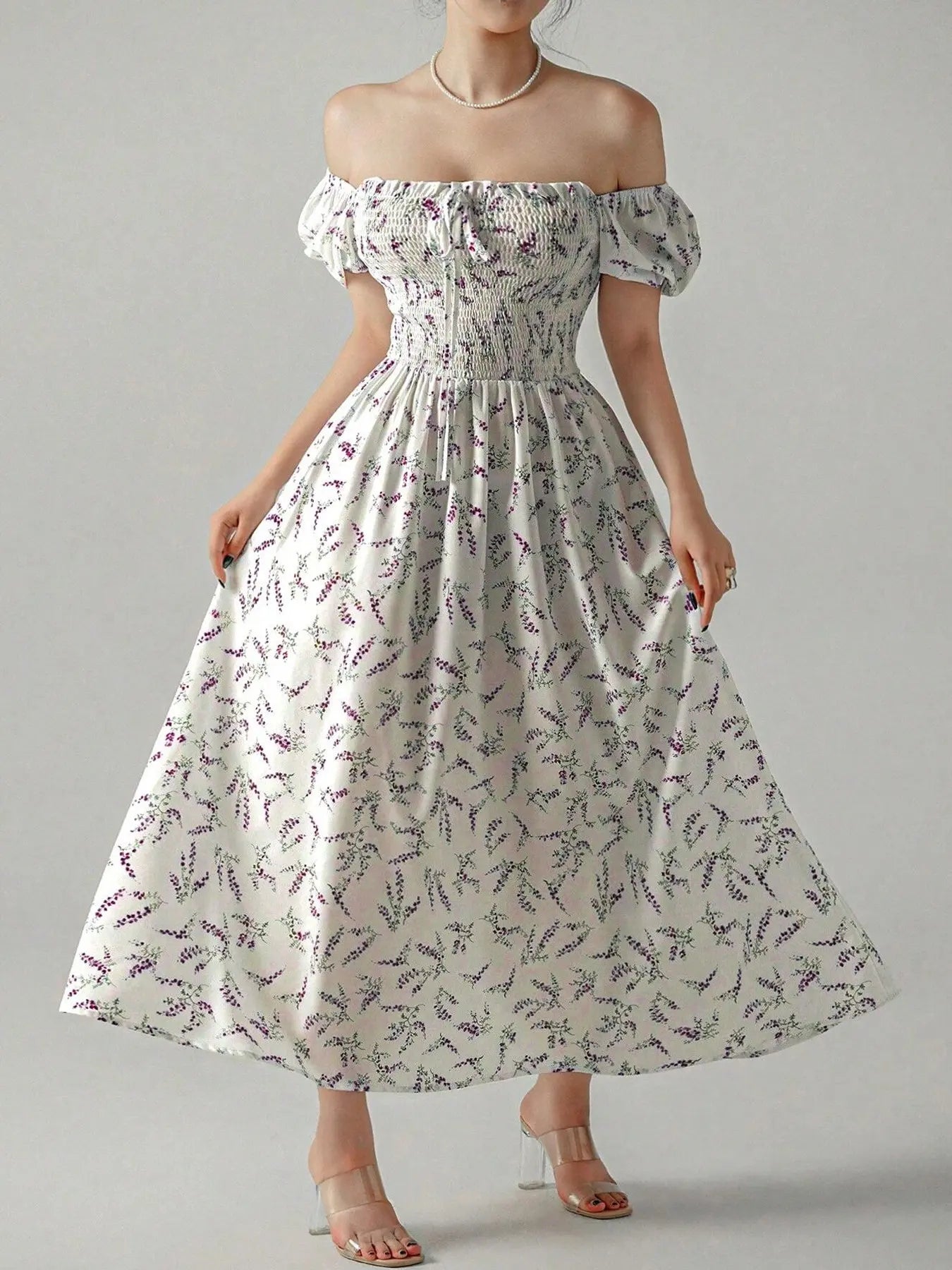 Women'S Spring Summer Floral Print Puff Sleeve Dress with Bow Tie, Elegant Fitted Design with Adjustable Square Neck, Long Princess Skirt Womenswear