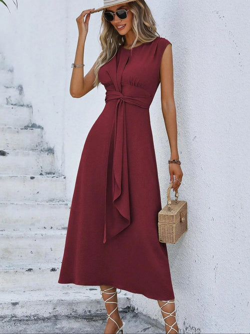 Women'S Sleeveless round Neck Plain Waist-Cinched A-Line Dress with Slimming Front Design and Elegance, Perfect for Daily Commute