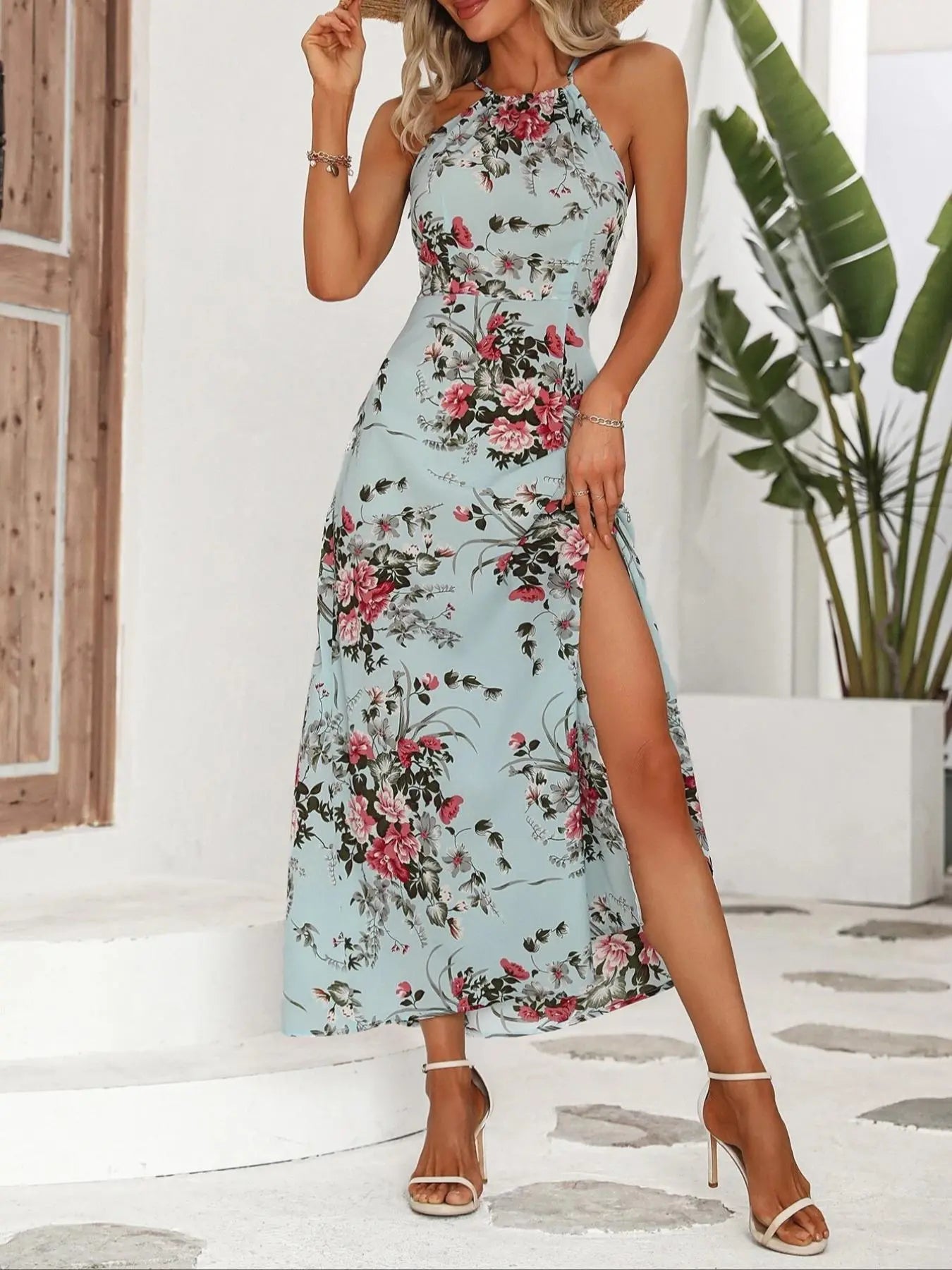 Women'S Floral Print Split Thigh Halter Dress, Elegant Boho Style Tie Back Design Long Dress for Spring Summer Fall, Bohemian