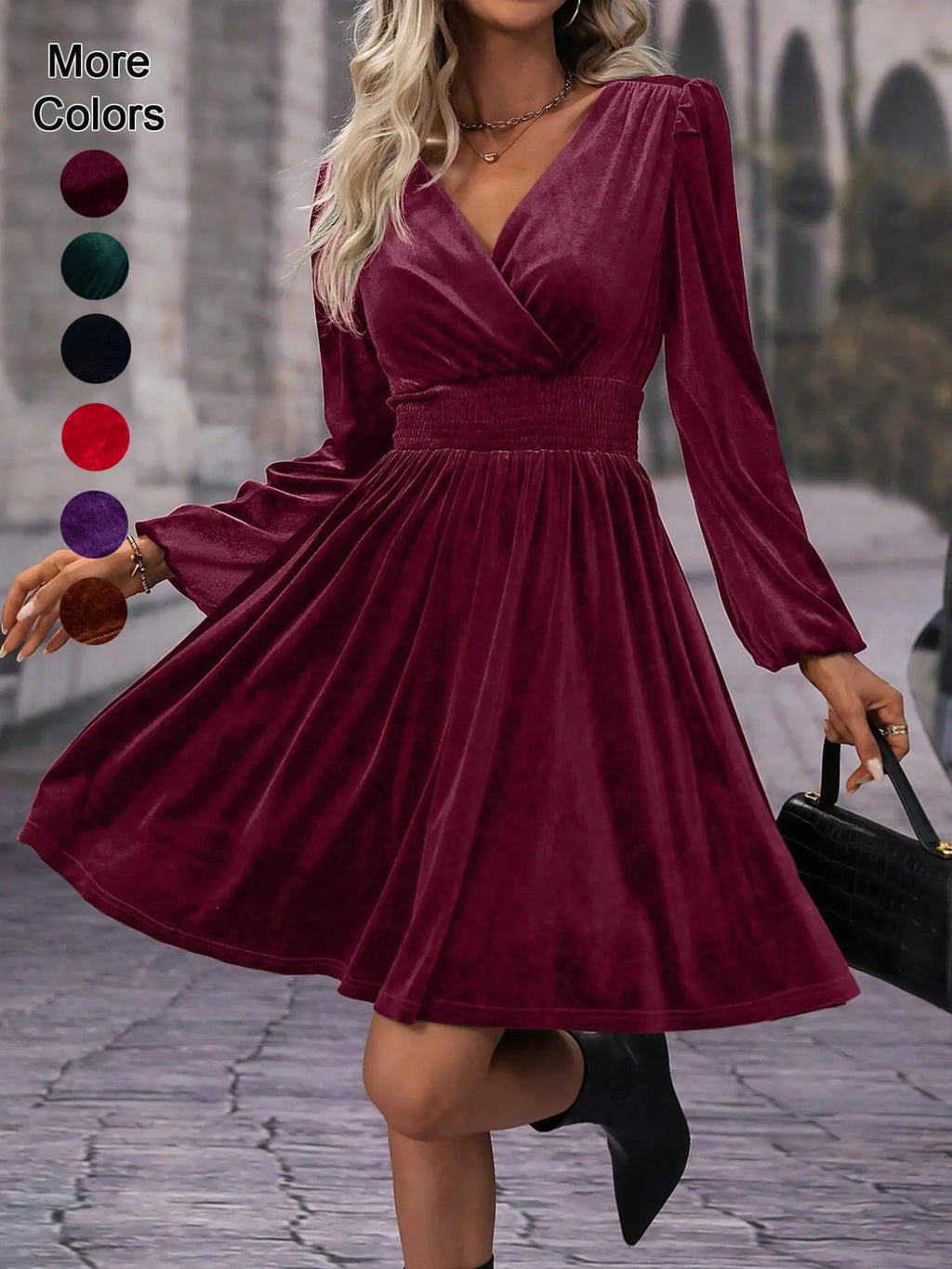 Women'S Velvet Satin Dress, Waist Cinched Lantern Sleeves, Slimming Design, Chic, Party Wear, High-End Feel, Spring & Fall Fashion
