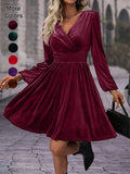 Women'S Velvet Satin Dress, Waist Cinched Lantern Sleeves, Slimming Design, Chic, Party Wear, High-End Feel, Spring & Fall Fashion
