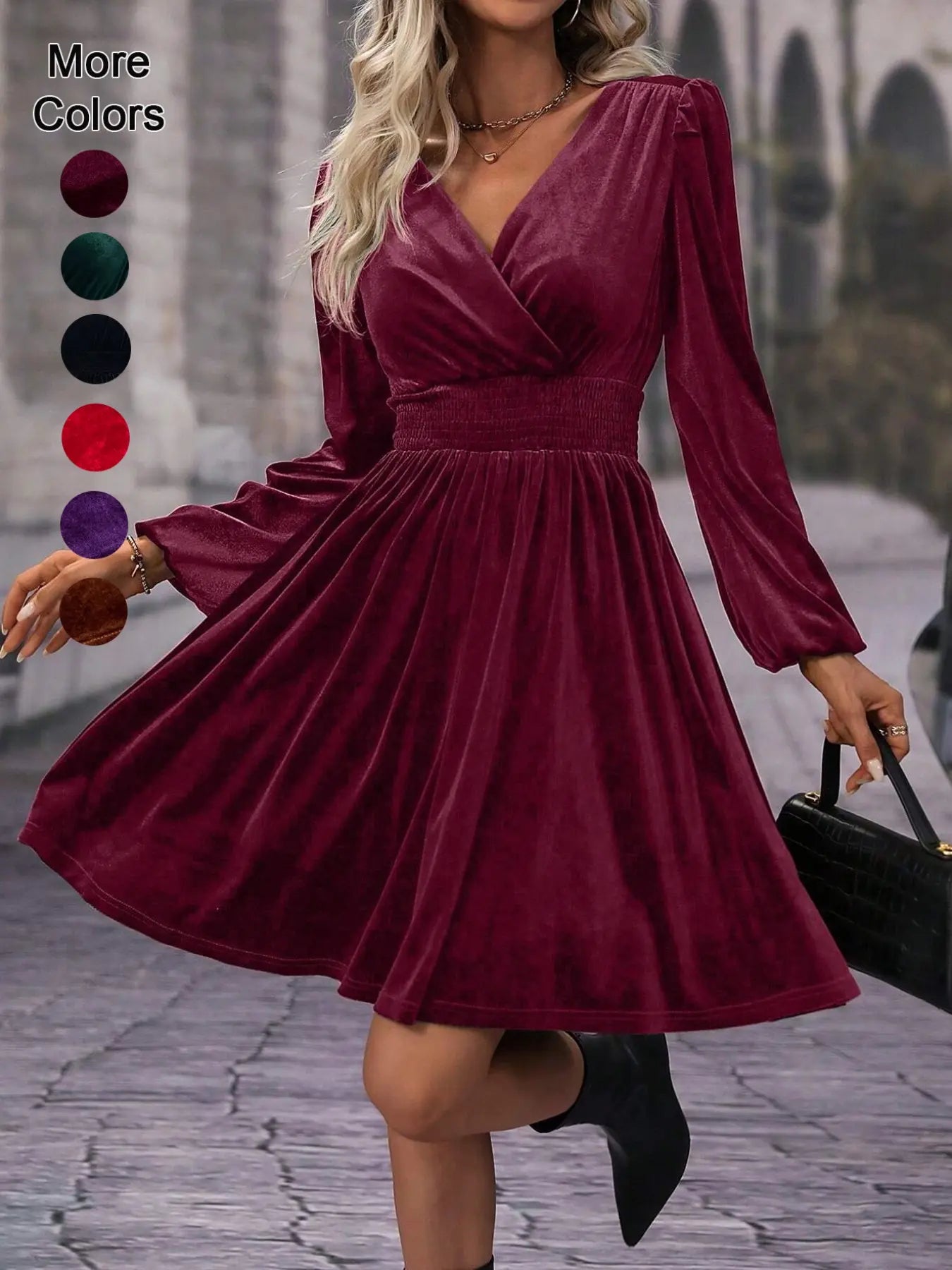 Women'S Velvet Satin Dress, Waist Cinched Lantern Sleeves, Slimming Design, Chic, Party Wear, High-End Feel, Spring & Fall Fashion