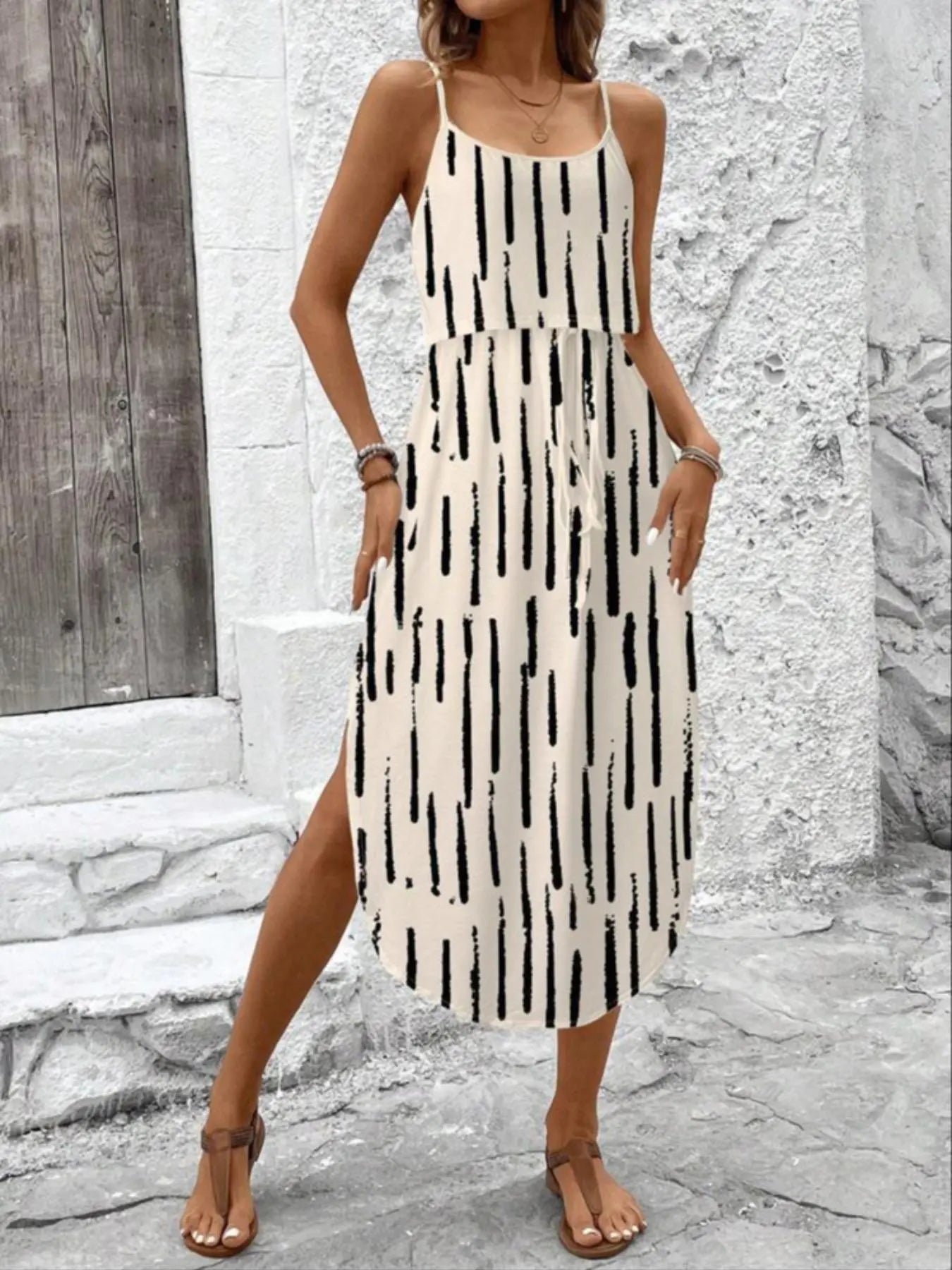 Women'S Summer Tie-Dye Sleeveless Dress, Split Thigh Fitted Long Dress, Casual Style Vacation, Multicolor Floral Print, Womenswear