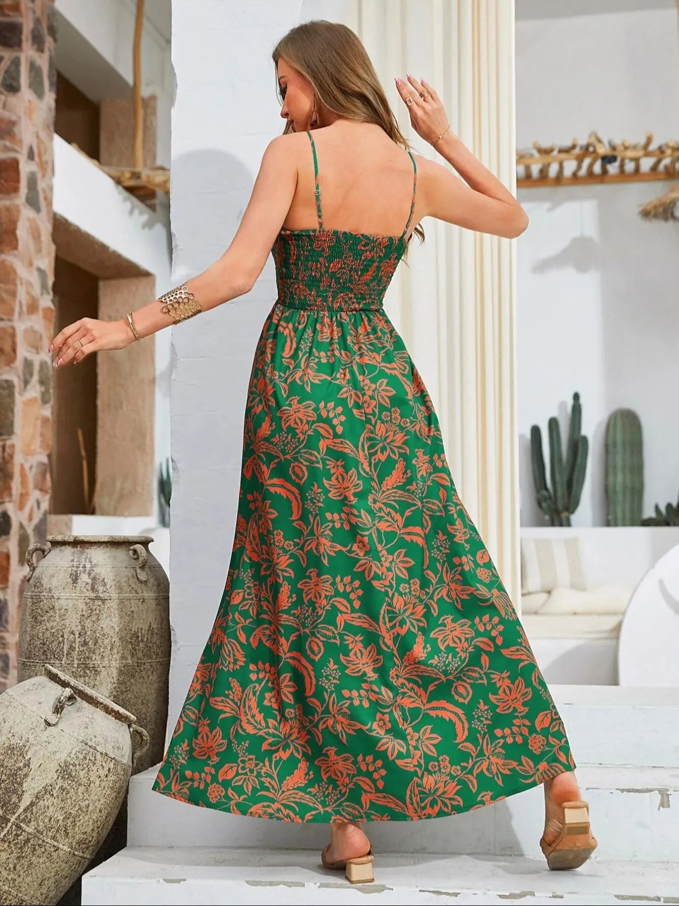 Women'S Floral Print Shirred Waist Maxi Dress, Sleeveless Backless Design, Adjustable Strap, Casual Vacation Wear, Spring Summer