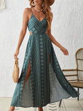 Striped Backless Slit Dress