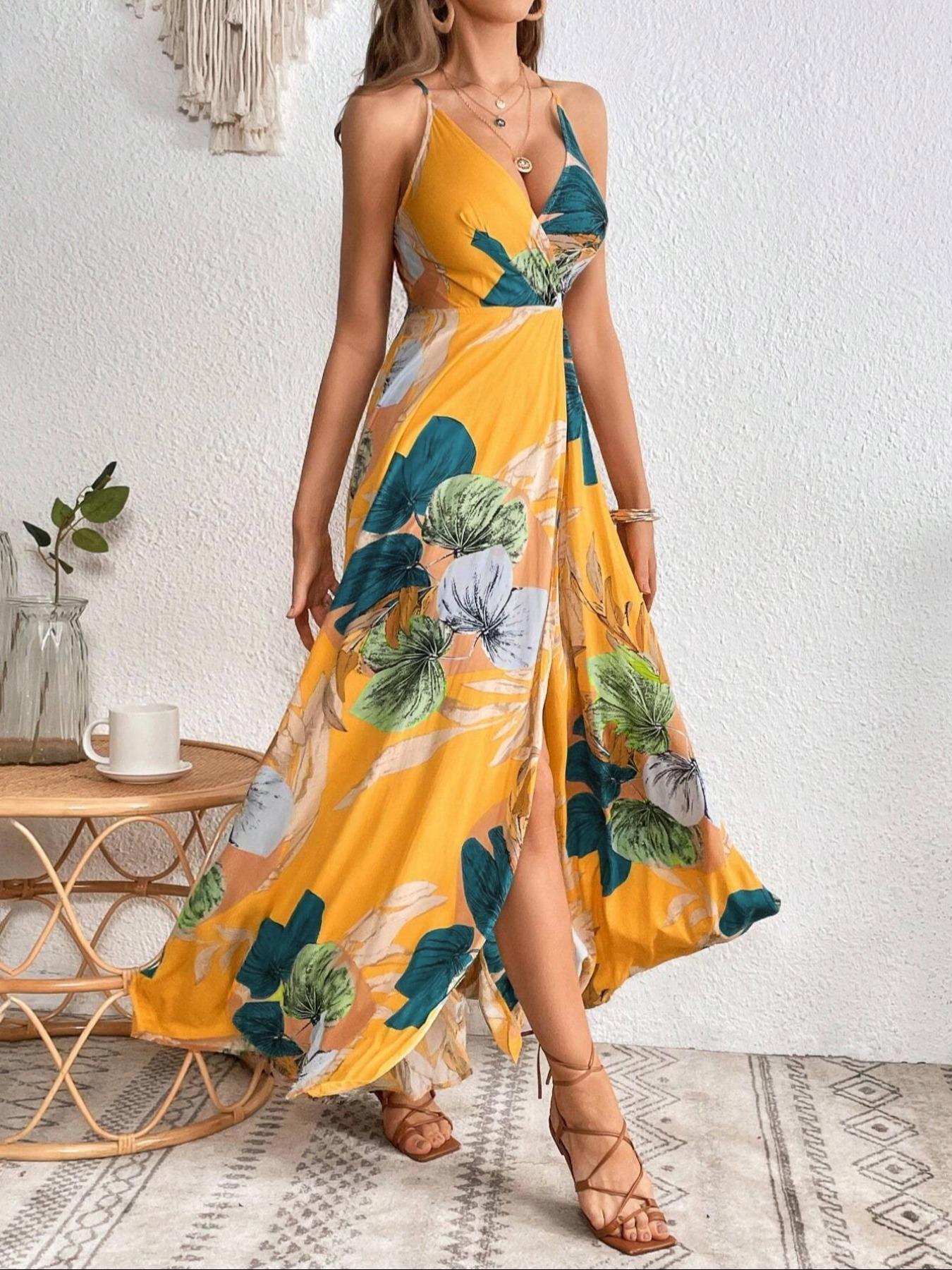 Tropical Backless Slit Dress