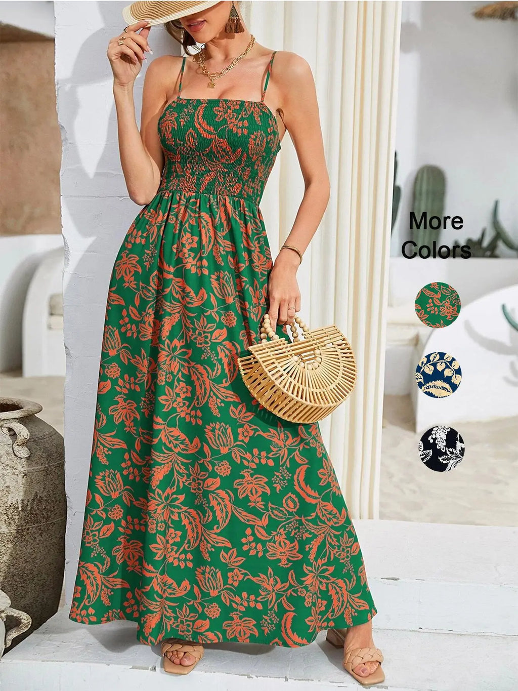Women'S Floral Print Shirred Waist Maxi Dress, Sleeveless Backless Design, Adjustable Strap, Casual Vacation Wear, Spring Summer