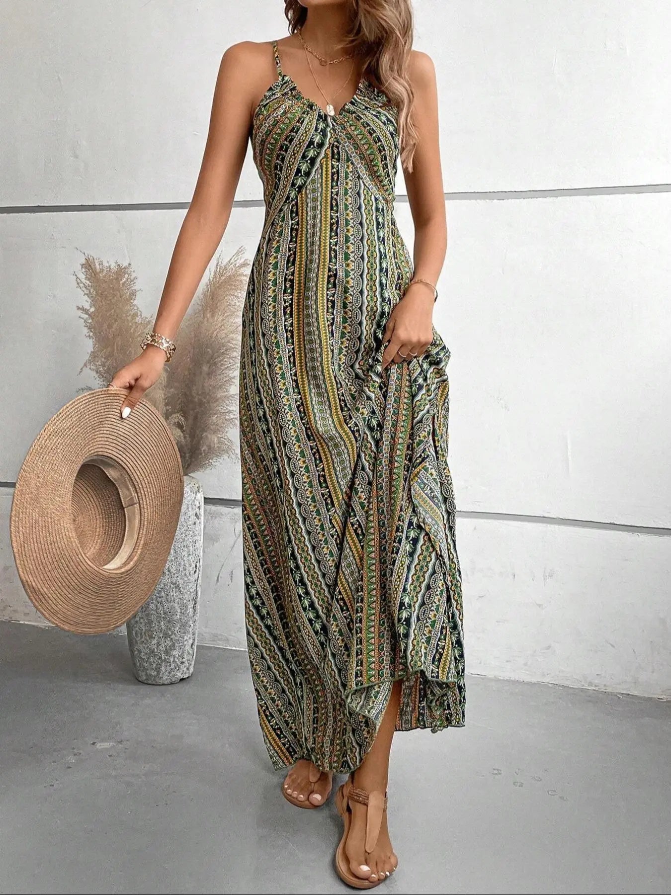 Women'S Printed Split Long Sleeveless Dress, Classic Stripe Design, Backless Criss Cross Strap, Spring Summer Fall Wear, Casual Bohemian Style Womenswear