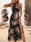 Women'S Floral Print Split Thigh Halter Dress, Elegant Boho Style Tie Back Design Long Dress for Spring Summer Fall, Bohemian