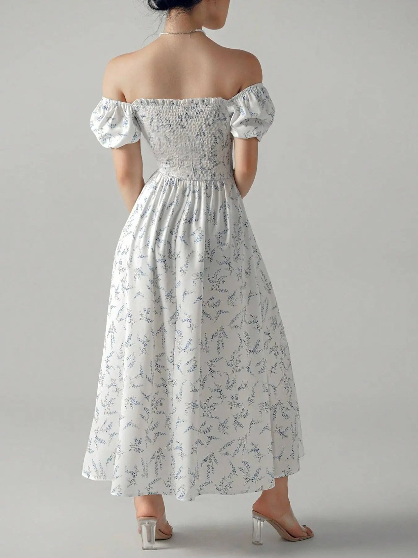 Women'S Spring Summer Floral Print Puff Sleeve Dress with Bow Tie, Elegant Fitted Design with Adjustable Square Neck, Long Princess Skirt Womenswear