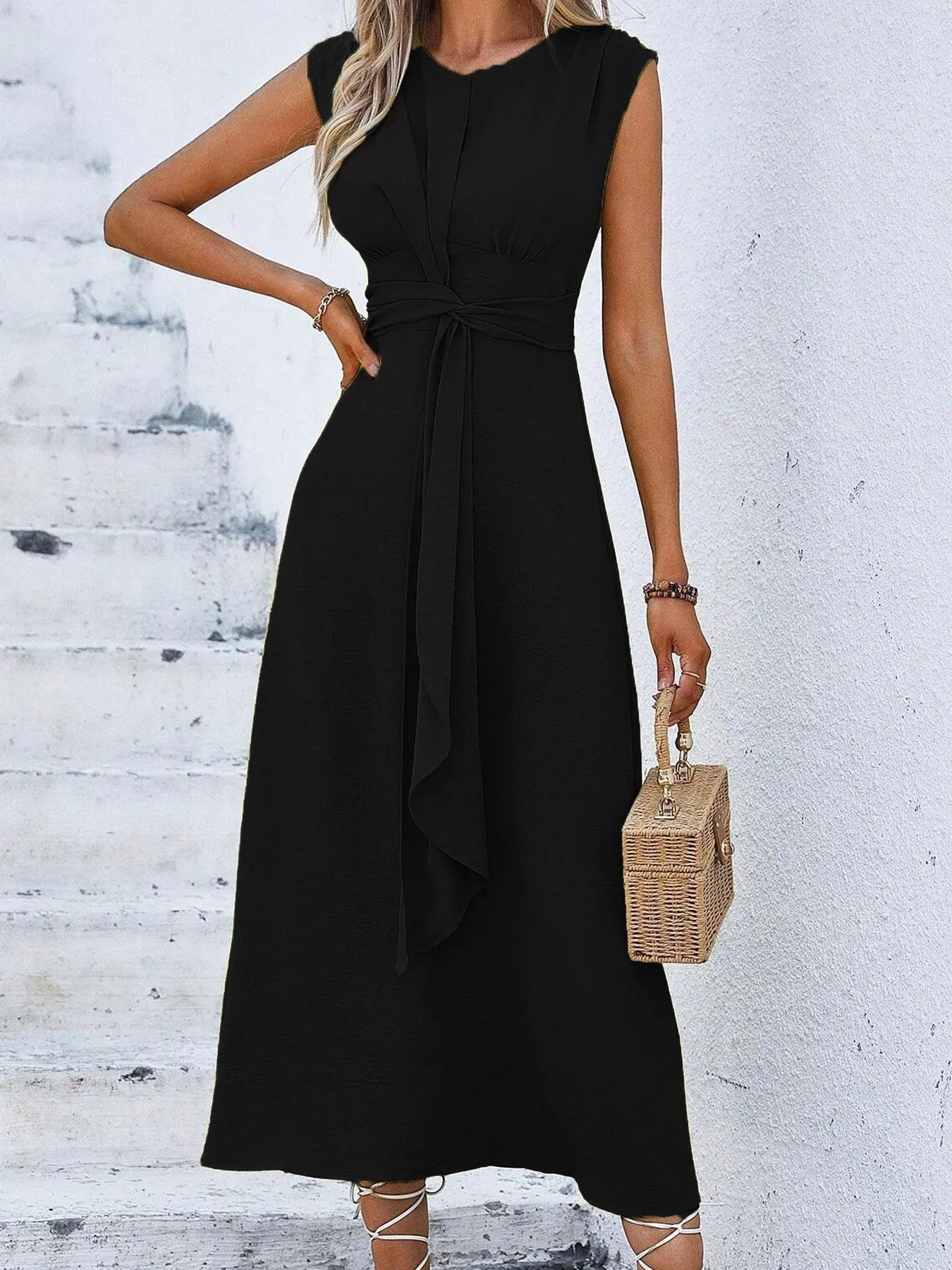 Women'S Sleeveless round Neck Plain Waist-Cinched A-Line Dress with Slimming Front Design and Elegance, Perfect for Daily Commute
