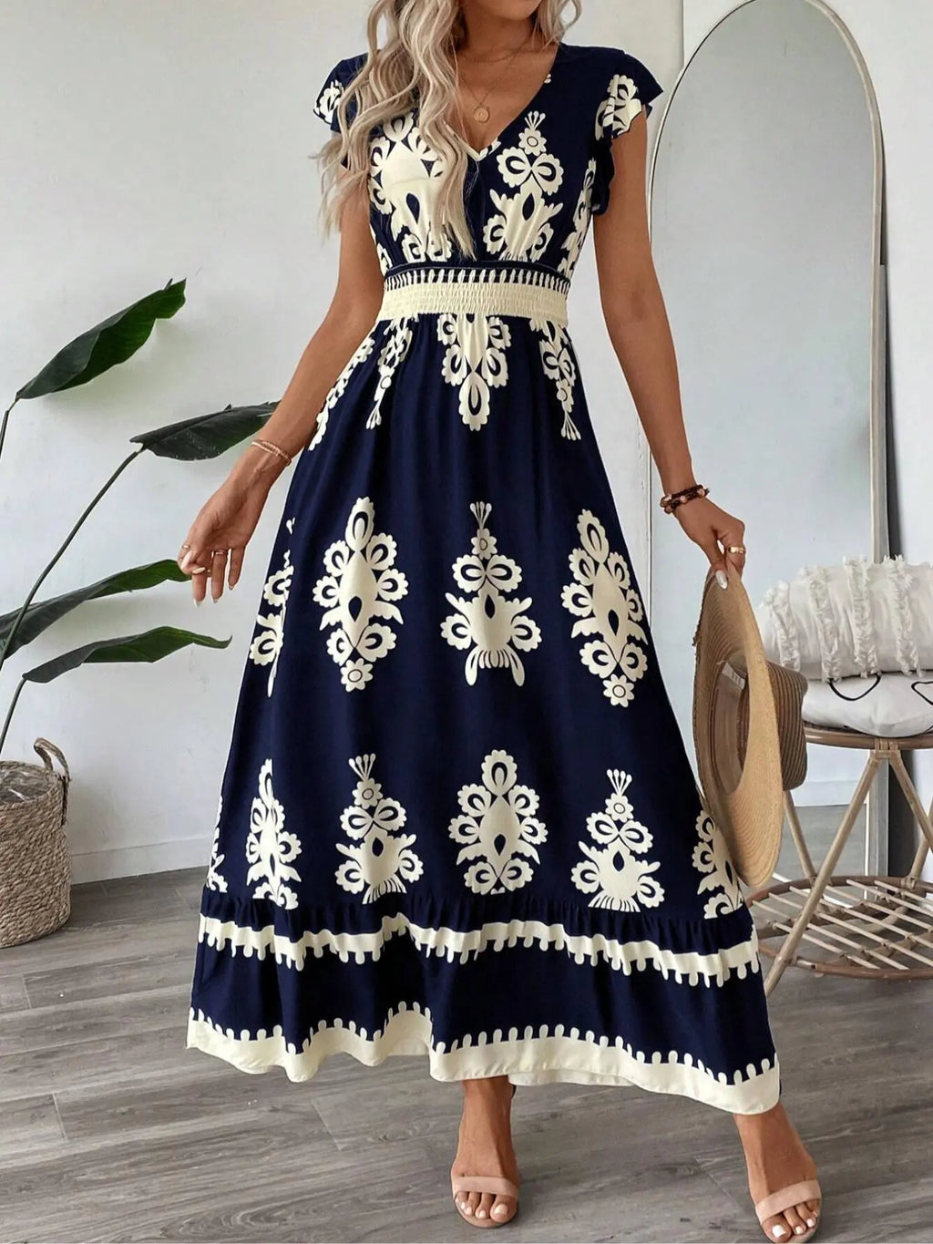Women'S V Neck Ruffle Hem A-Line Dress, Fitted, Elegant All over Print, Elastic Waist, Moderate Woven Fabric, Casual Vacation Wear