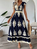 Women'S V Neck Ruffle Hem A-Line Dress, Fitted, Elegant All over Print, Elastic Waist, Moderate Woven Fabric, Casual Vacation Wear