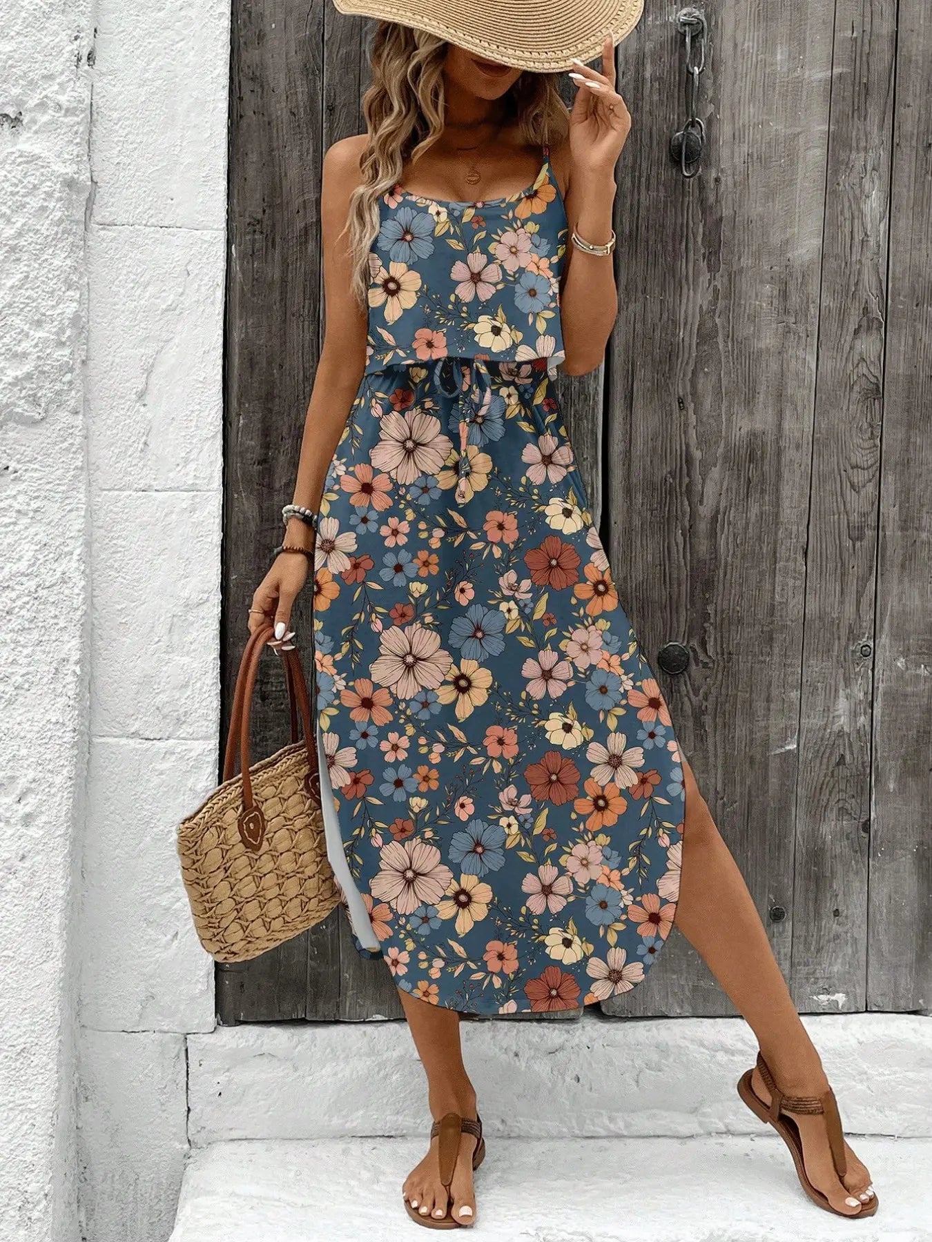 Women'S Summer Tie-Dye Sleeveless Dress, Split Thigh Fitted Long Dress, Casual Style Vacation, Multicolor Floral Print, Womenswear