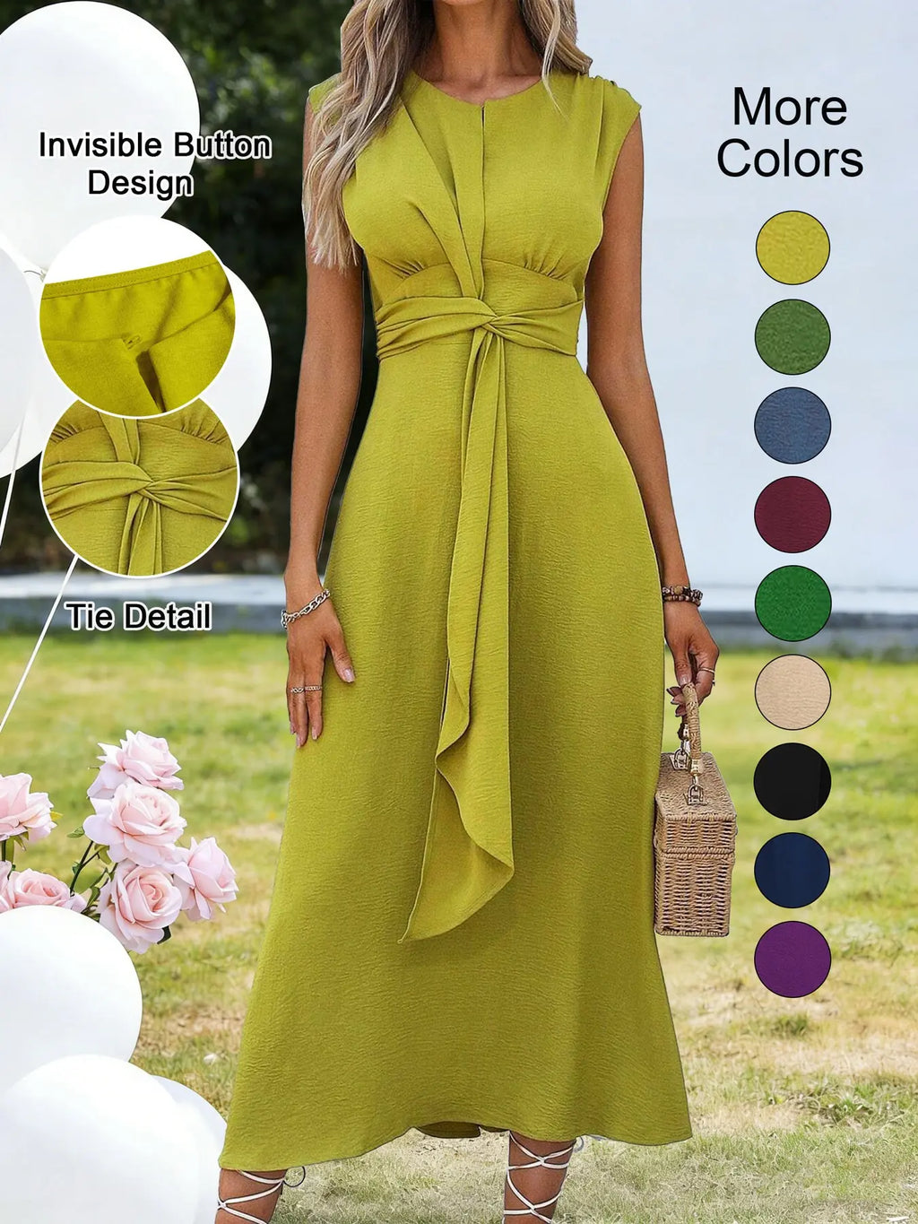 Women'S Sleeveless round Neck Plain Waist-Cinched A-Line Dress with Slimming Front Design and Elegance, Perfect for Daily Commute