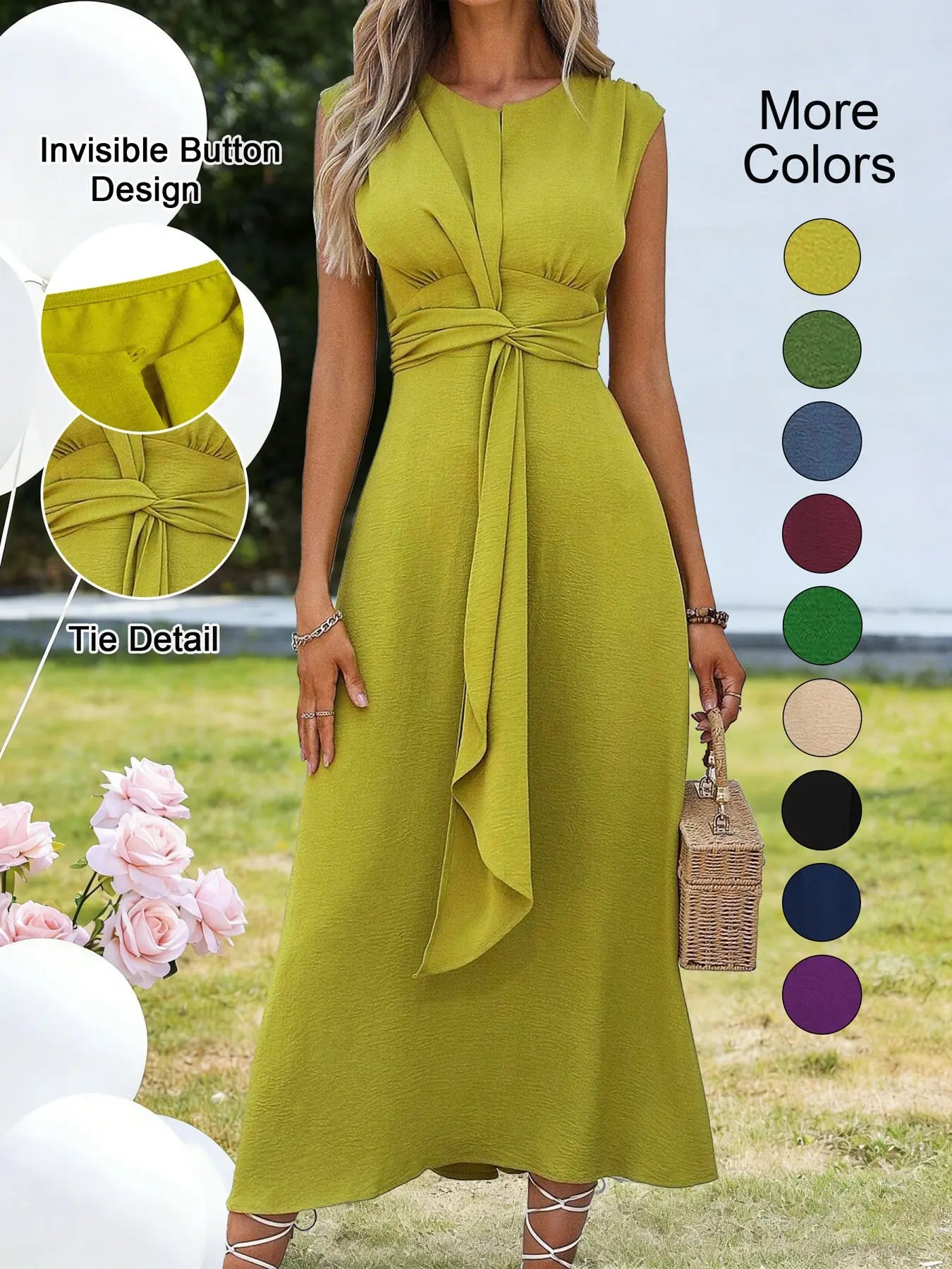 Women'S Sleeveless round Neck Plain Waist-Cinched A-Line Dress with Slimming Front Design and Elegance, Perfect for Daily Commute