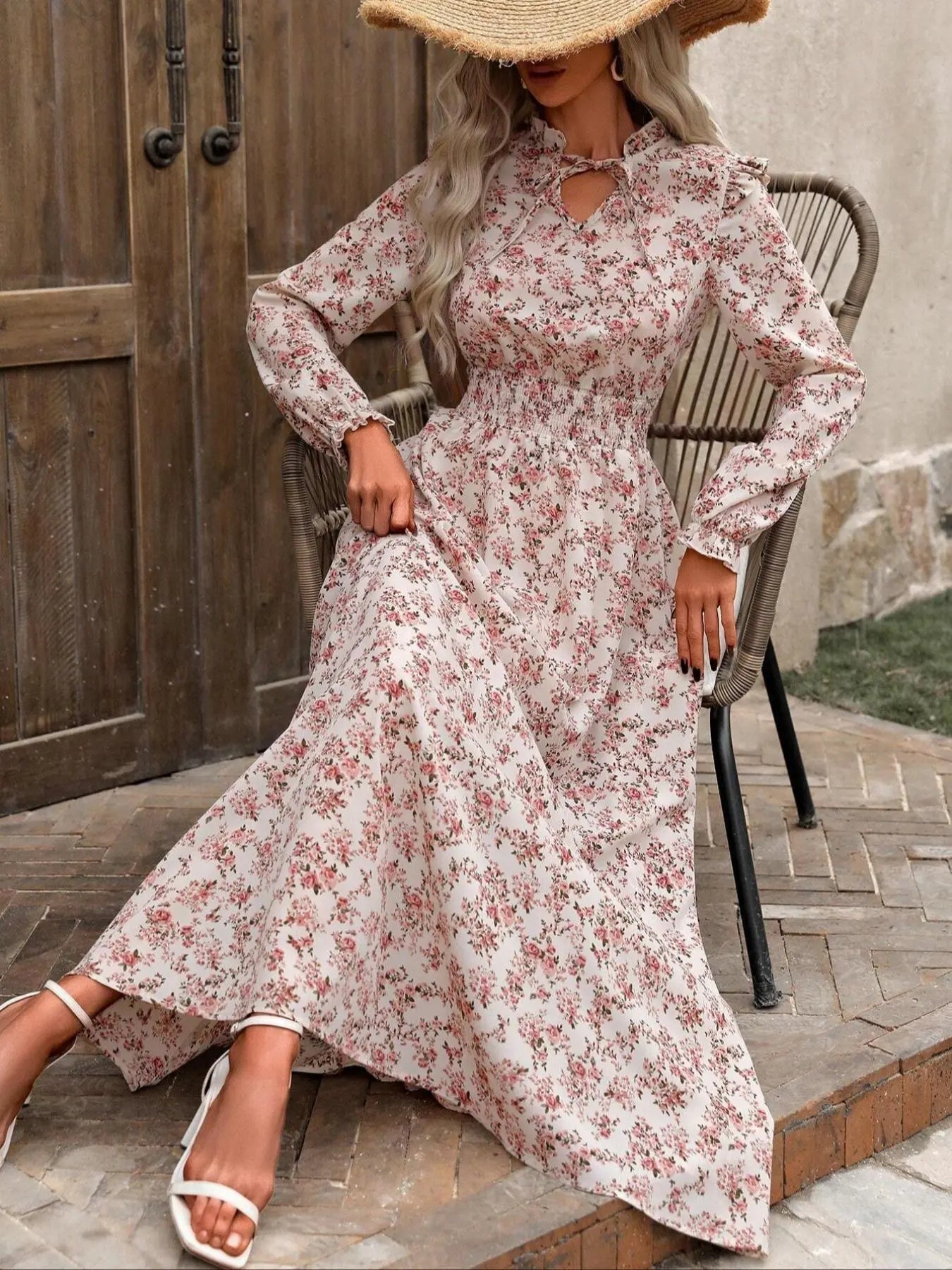 Women'S Floral Print Self-Belted Neck Dress, Spring & Fall Long Sleeve A-Line Maxi Skirt, Boho Elegance Style, Slimming Set