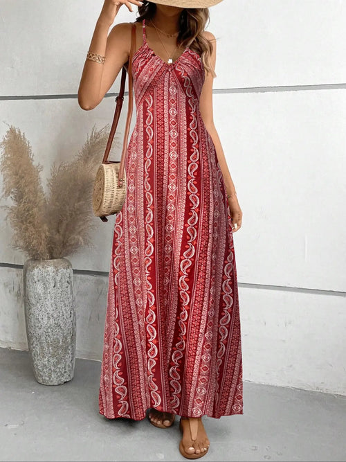 Women'S Printed Split Long Sleeveless Dress, Classic Stripe Design, Backless Criss Cross Strap, Spring Summer Fall Wear, Casual Bohemian Style Womenswear