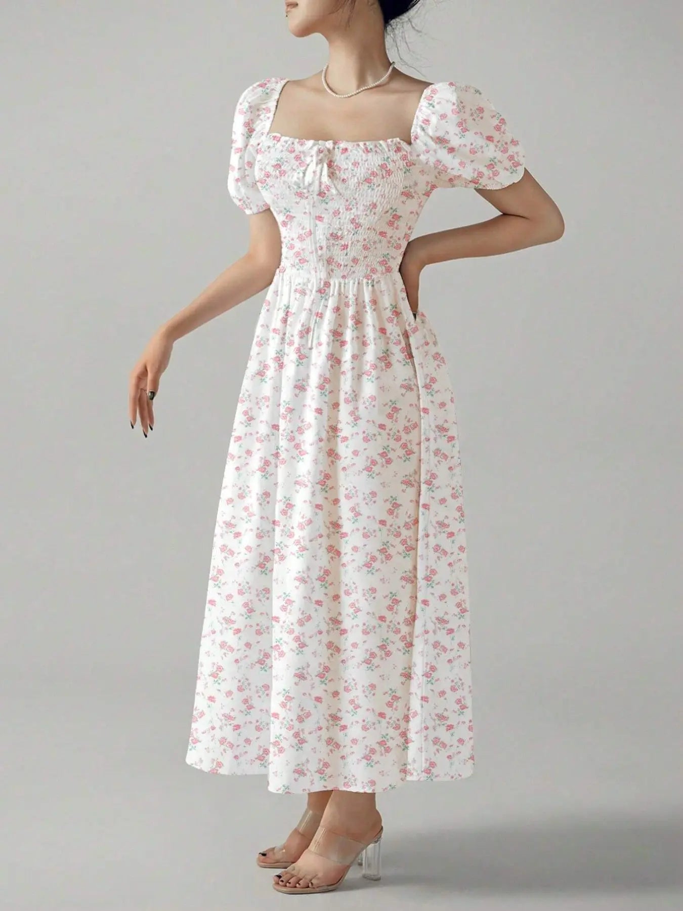 Women'S Spring Summer Floral Print Puff Sleeve Dress with Bow Tie, Elegant Fitted Design with Adjustable Square Neck, Long Princess Skirt Womenswear