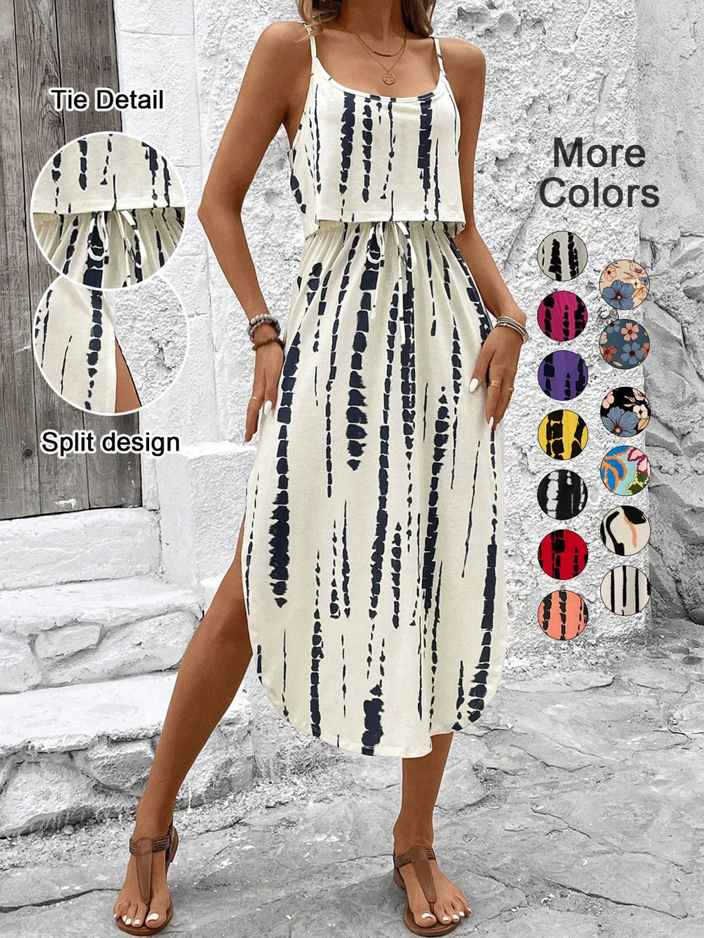 Women'S Summer Tie-Dye Sleeveless Dress, Split Thigh Fitted Long Dress, Casual Style Vacation, Multicolor Floral Print, Womenswear