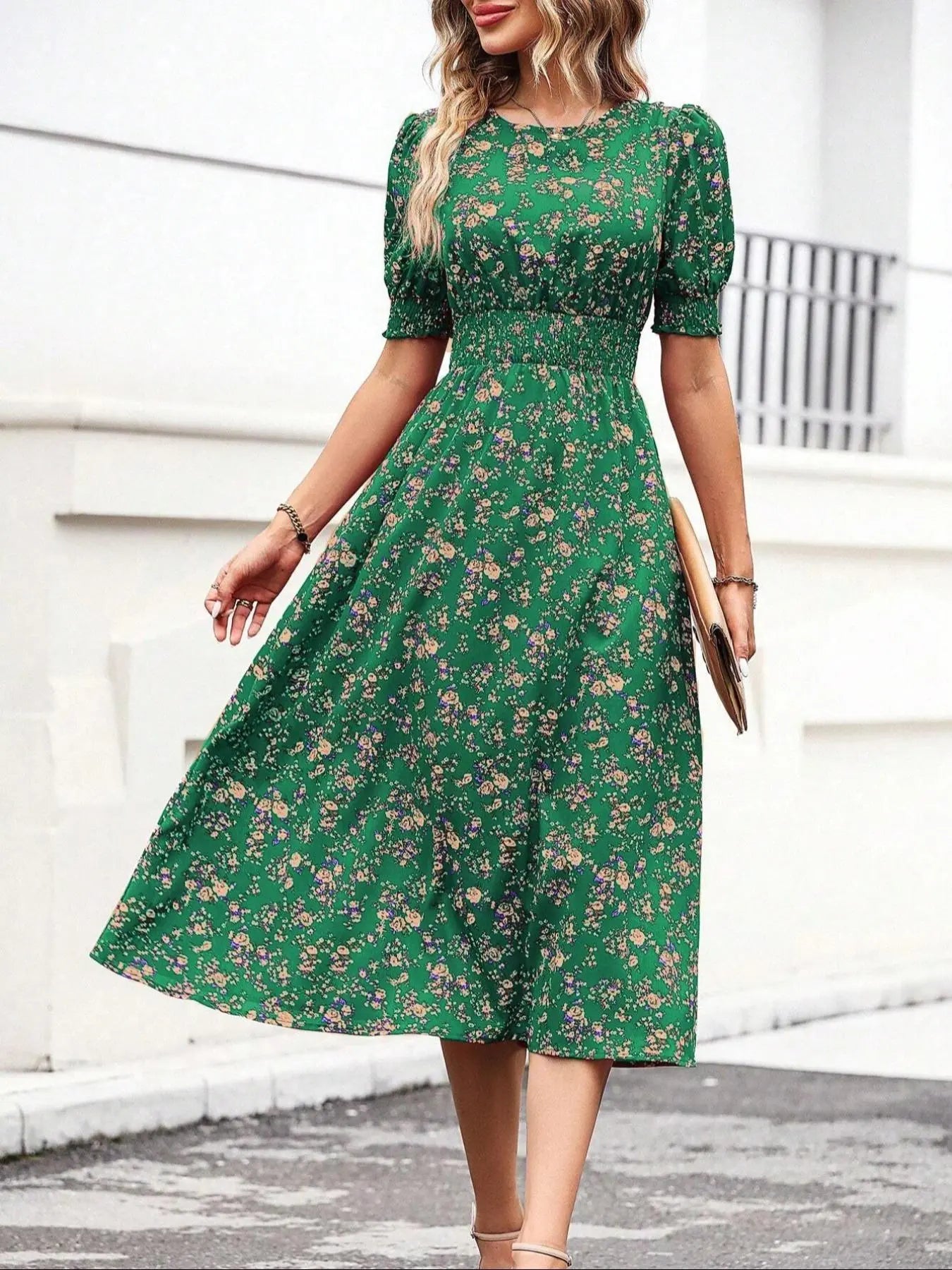 Women'S Floral Print Bubble Hem Dress, round Neck Waist Cinched Design, Boho Style Midi Skirt, Fitted Short Sleeve, All Seasons, Chic