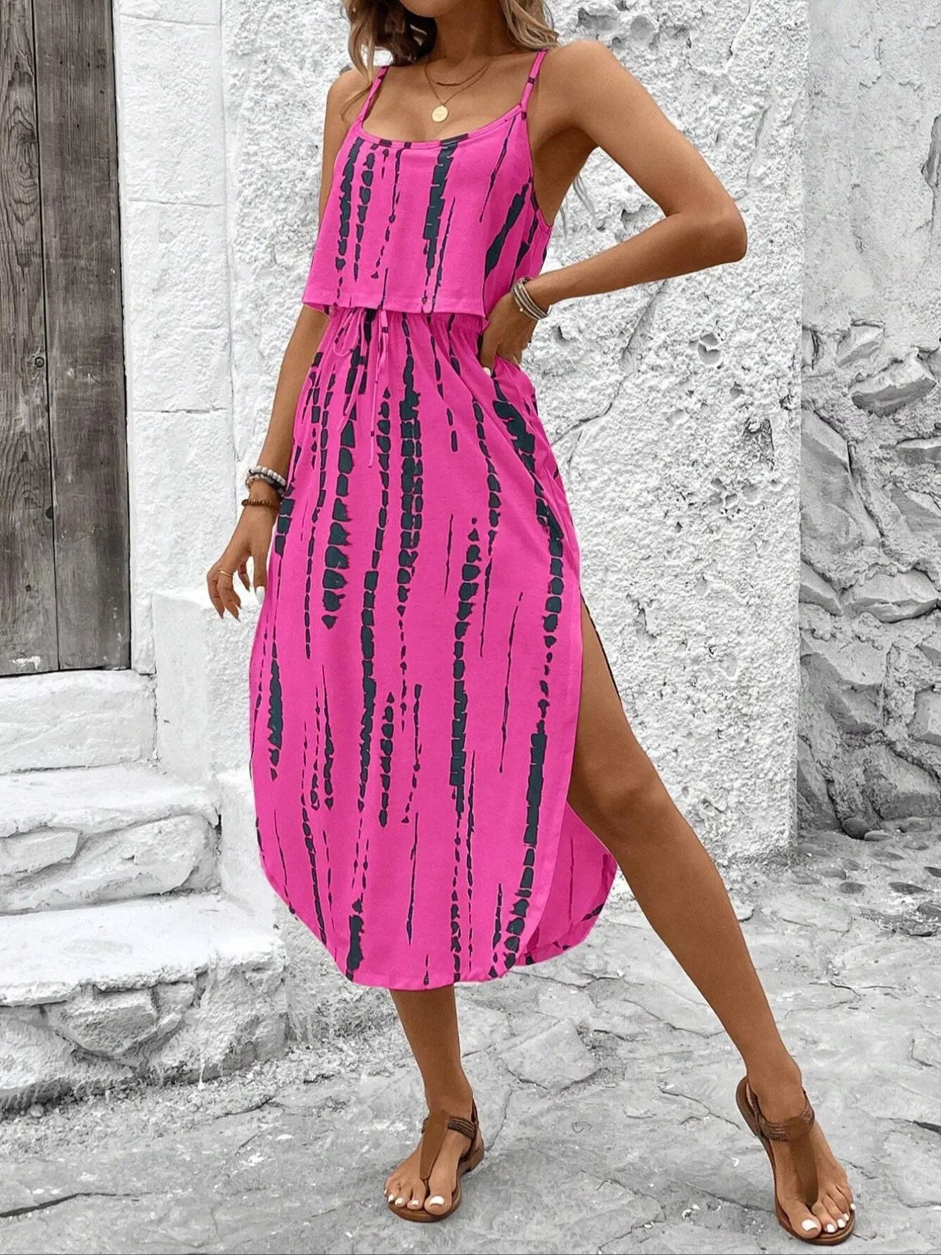 Women'S Summer Tie-Dye Sleeveless Dress, Split Thigh Fitted Long Dress, Casual Style Vacation, Multicolor Floral Print, Womenswear