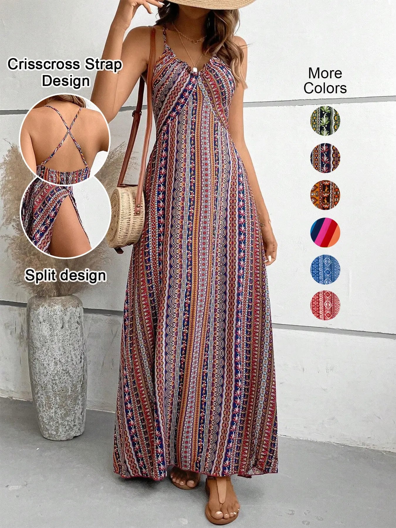 Women'S Printed Split Long Sleeveless Dress, Classic Stripe Design, Backless Criss Cross Strap, Spring Summer Fall Wear, Casual Bohemian Style Womenswear
