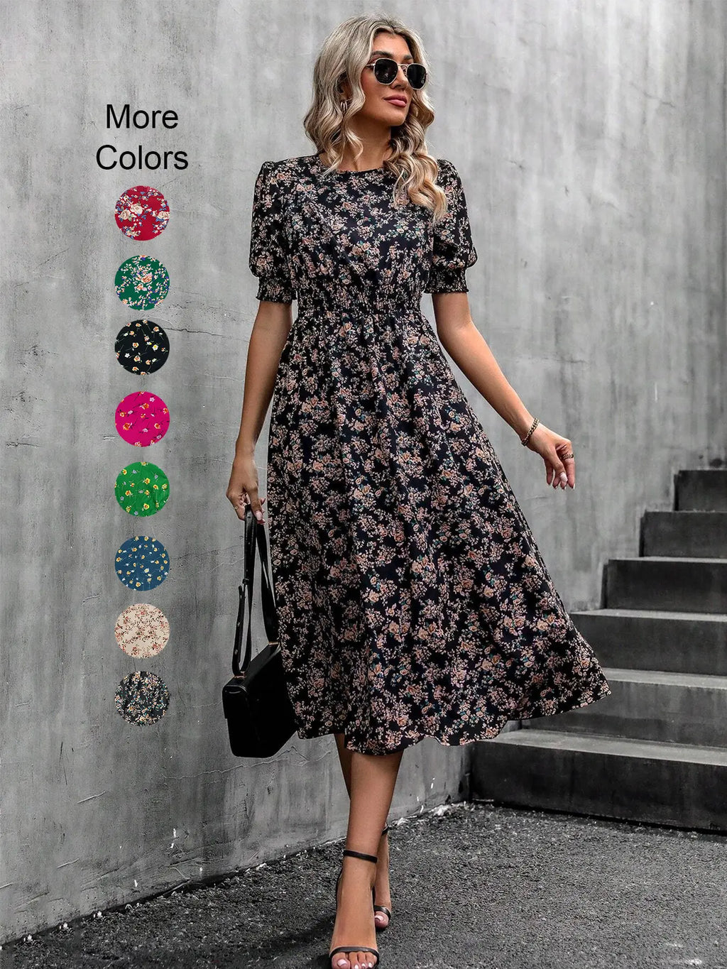 Women'S Floral Print Bubble Hem Dress, round Neck Waist Cinched Design, Boho Style Midi Skirt, Fitted Short Sleeve, All Seasons, Chic