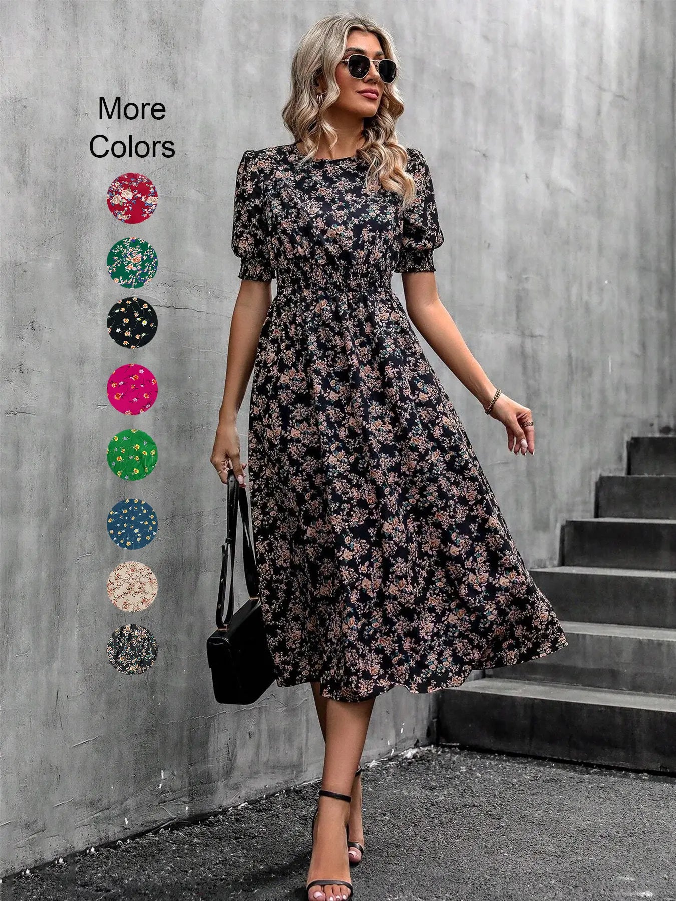 Women'S Floral Print Bubble Hem Dress, round Neck Waist Cinched Design, Boho Style Midi Skirt, Fitted Short Sleeve, All Seasons, Chic