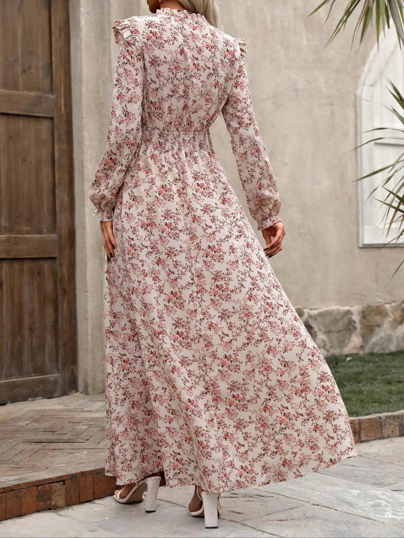 Women'S Floral Print Self-Belted Neck Dress, Spring & Fall Long Sleeve A-Line Maxi Skirt, Boho Elegance Style, Slimming Set