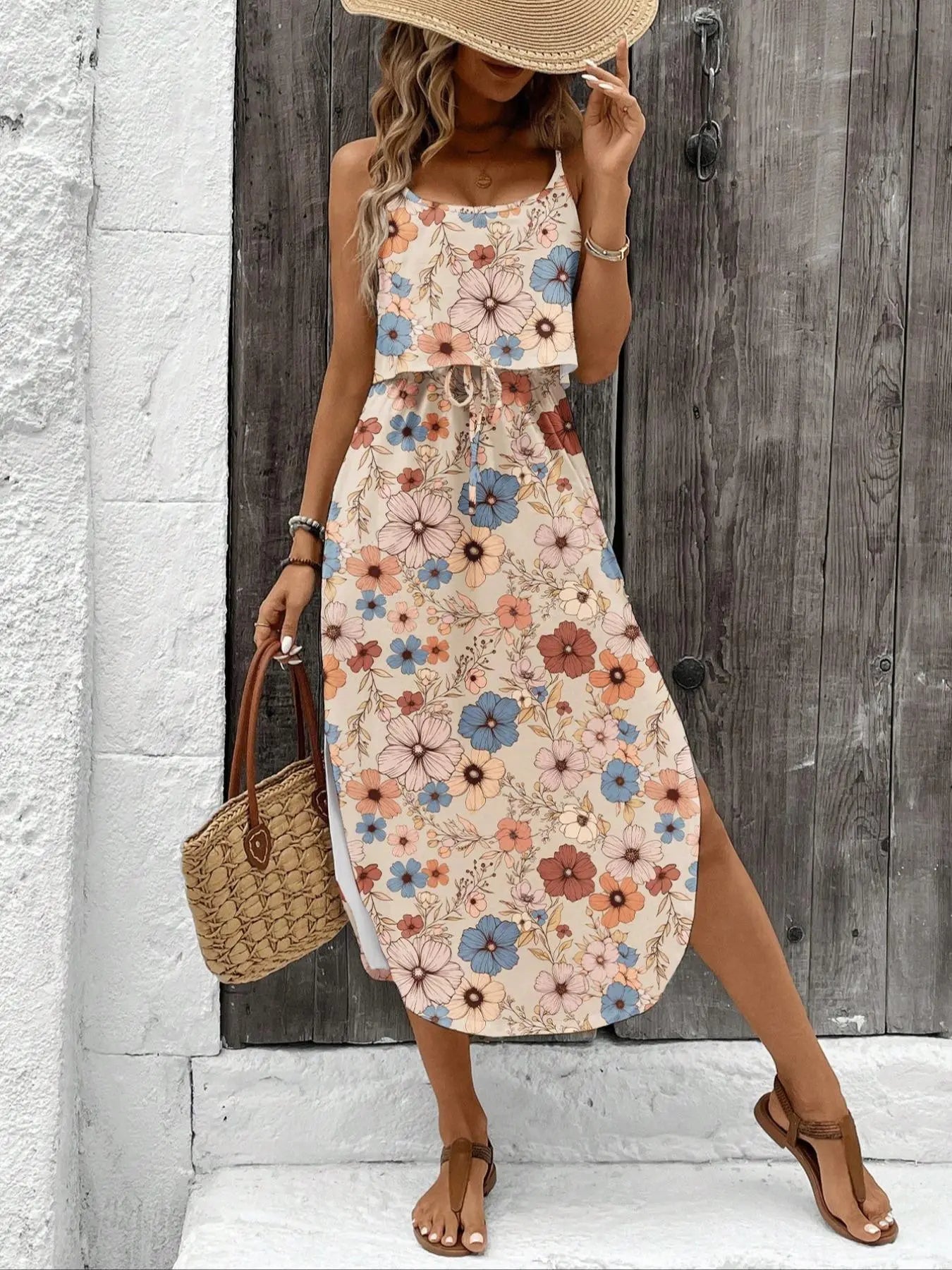 Women'S Summer Tie-Dye Sleeveless Dress, Split Thigh Fitted Long Dress, Casual Style Vacation, Multicolor Floral Print, Womenswear