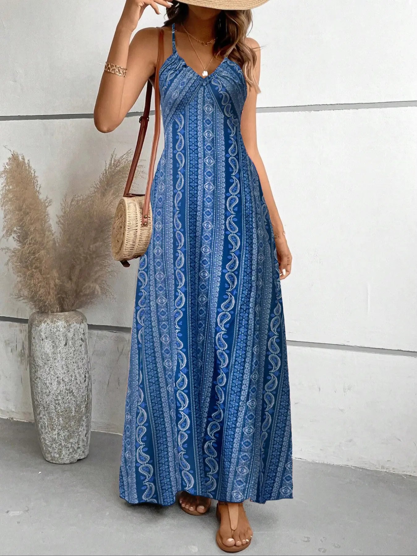 Women'S Printed Split Long Sleeveless Dress, Classic Stripe Design, Backless Criss Cross Strap, Spring Summer Fall Wear, Casual Bohemian Style Womenswear