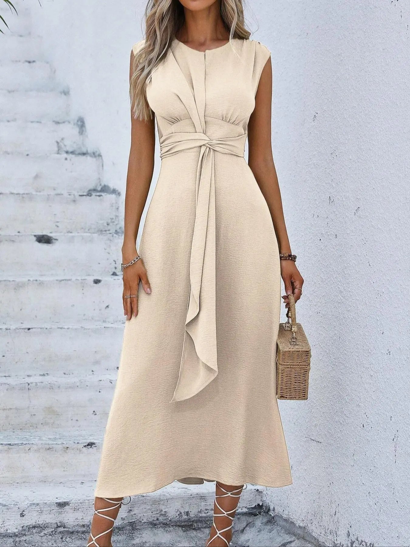 Women'S Sleeveless round Neck Plain Waist-Cinched A-Line Dress with Slimming Front Design and Elegance, Perfect for Daily Commute