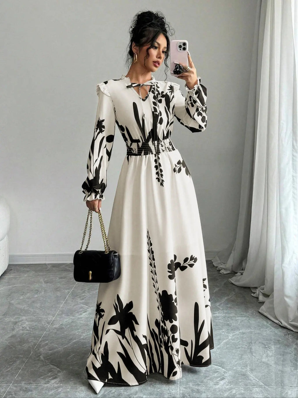 Women'S Floral Print Self-Belted Neck Dress, Spring & Fall Long Sleeve A-Line Maxi Skirt, Boho Elegance Style, Slimming Set