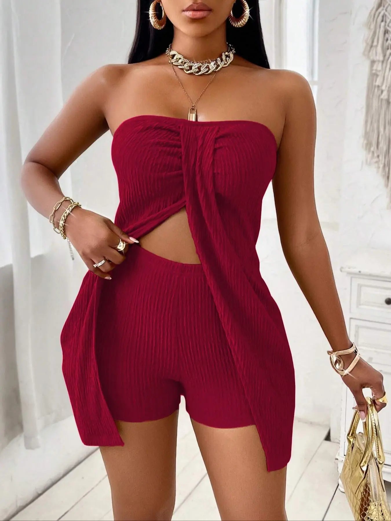 Women'S Summer Plain Textured Fabric Twist Front Split Sleeveless Top Short Pants Set, Elegant Slim-Fitting Two-Piece