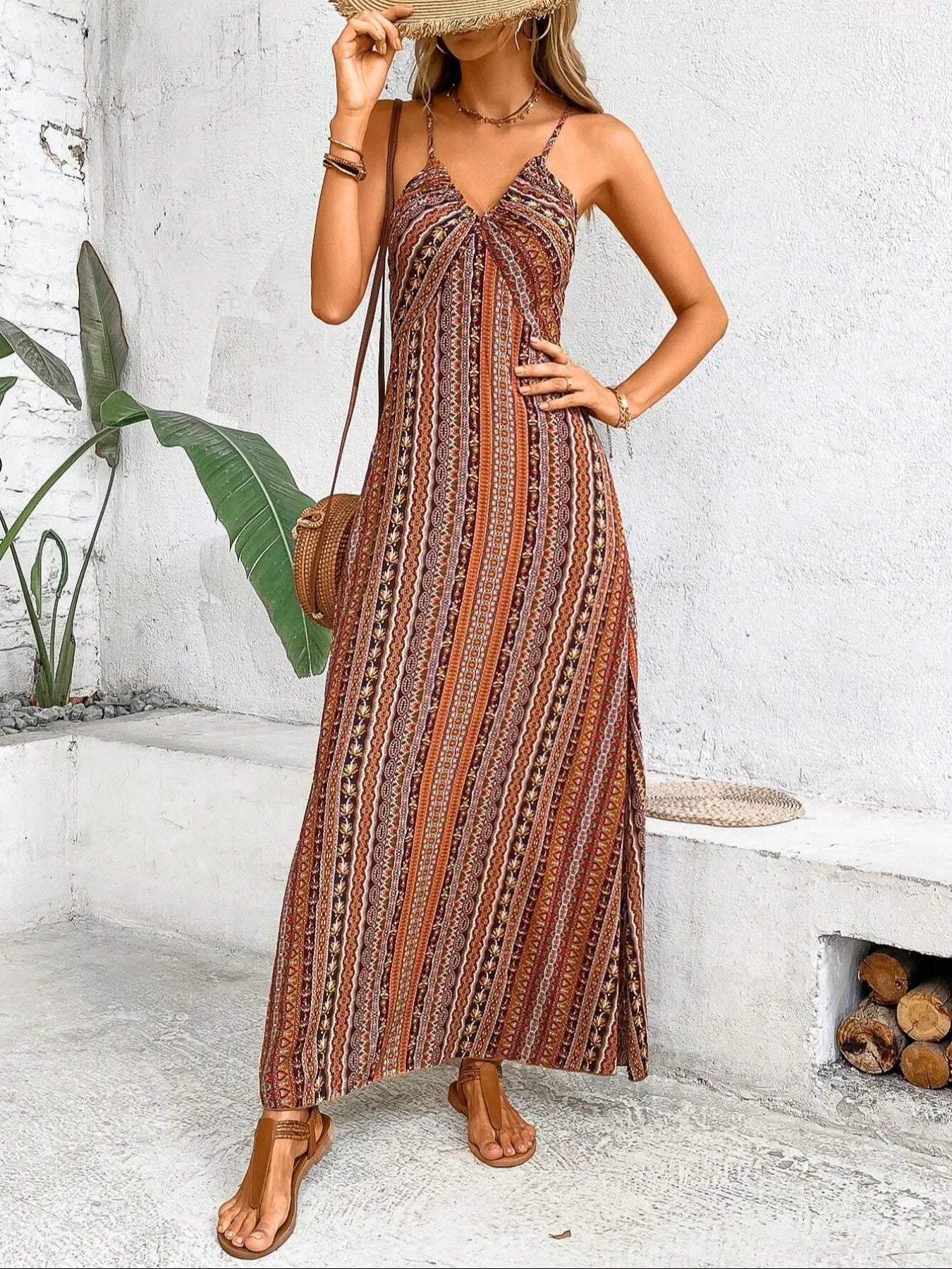 Women'S Printed Split Long Sleeveless Dress, Classic Stripe Design, Backless Criss Cross Strap, Spring Summer Fall Wear, Casual Bohemian Style Womenswear