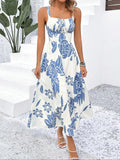 Elegant Women'S Floral Print Wide Strap Dress, Backless Ruched Design, Sleeveless Long Dress for Spring Vacation
