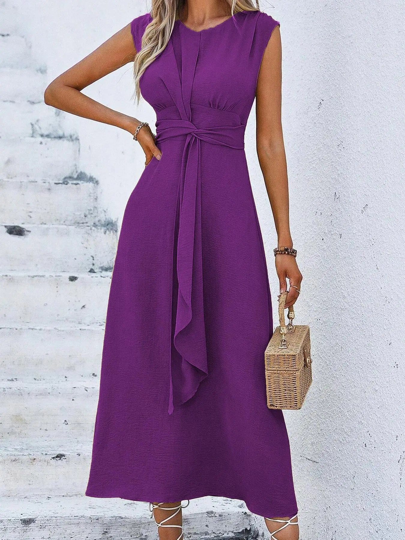 Women'S Sleeveless round Neck Plain Waist-Cinched A-Line Dress with Slimming Front Design and Elegance, Perfect for Daily Commute