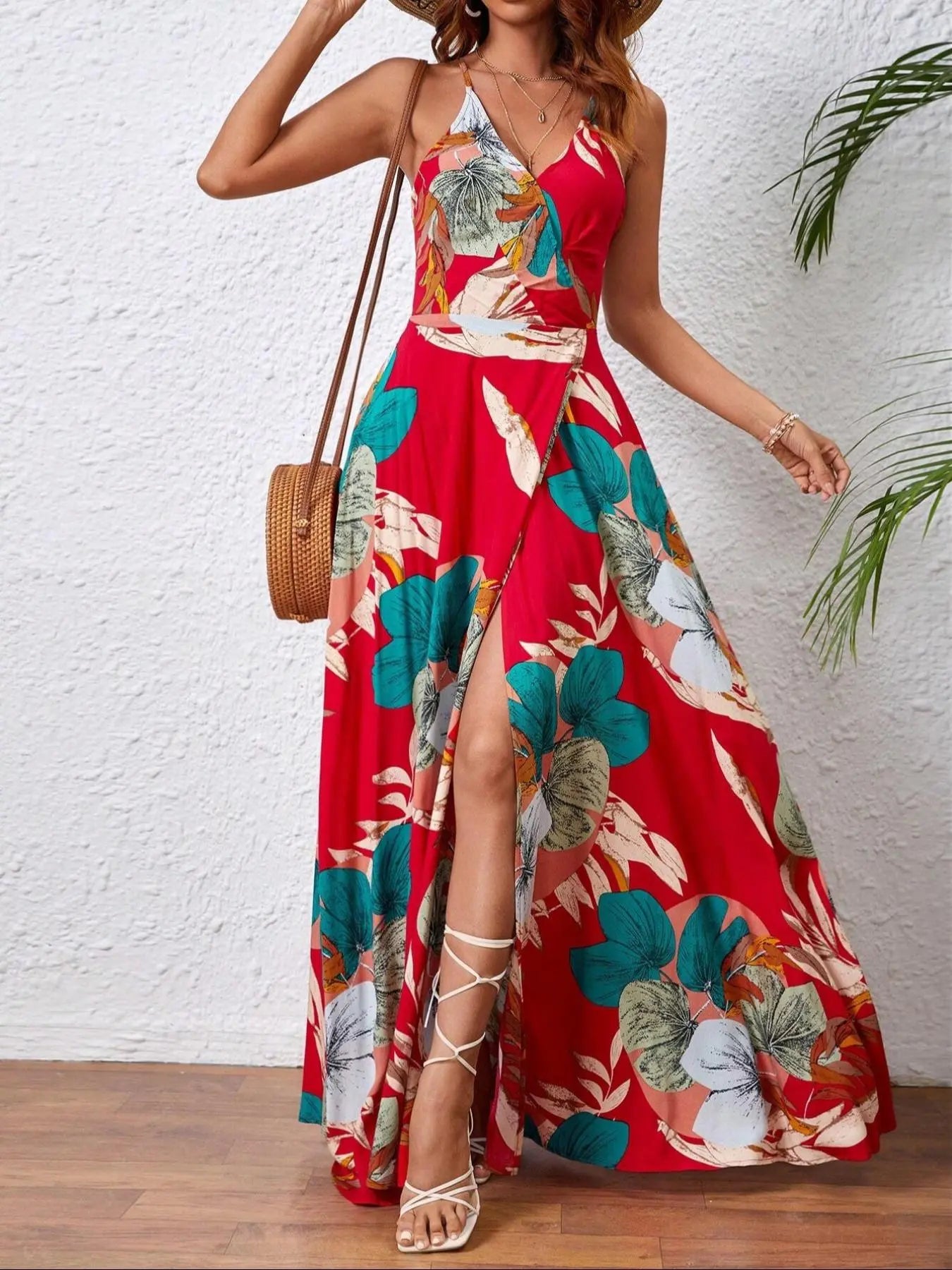 Women'S Tropical Print Split Thigh Dress, Backless Hollow Out Design, Summer Vacation Perfect, Fitted Sleeveless Bohemian Boho Style