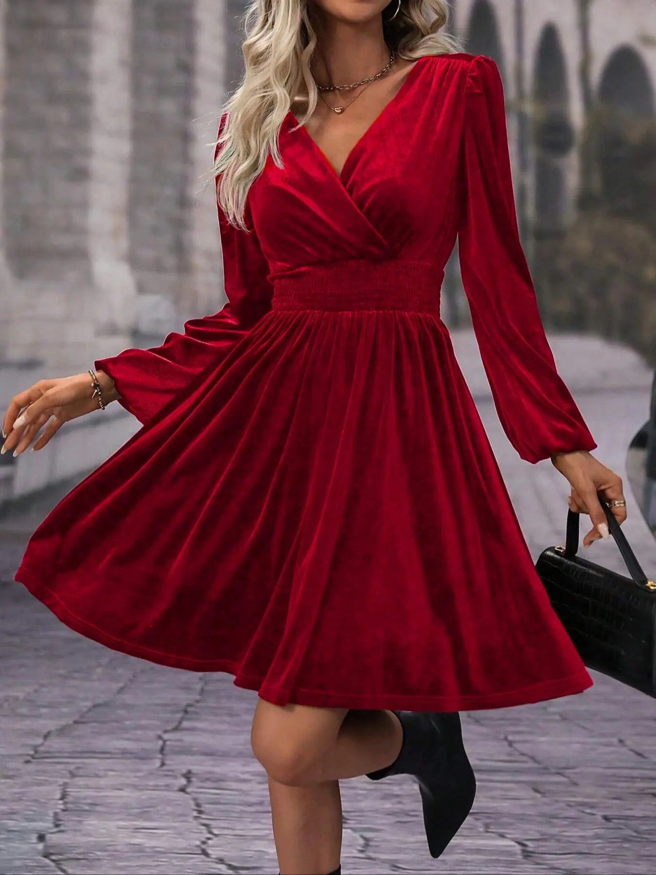 Women'S Velvet Satin Dress, Waist Cinched Lantern Sleeves, Slimming Design, Chic, Party Wear, High-End Feel, Spring & Fall Fashion